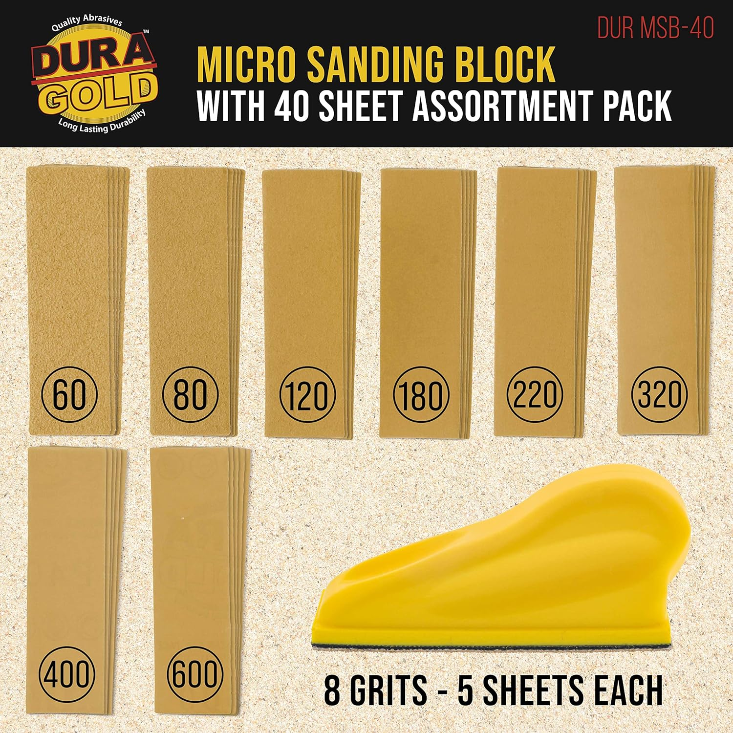 Dura-Gold Micro Hand Sanding Block Kit, 3.5&rdquo; X 1&rdquo; Pad, Hook & Loop Backing, 40 Sandpaper Sheets, 5 Each 60, 80, 120, 180, 220, 320, 400, 600 Grit - Wood Woodworking, Small Detail Finishing Sander image number 5
