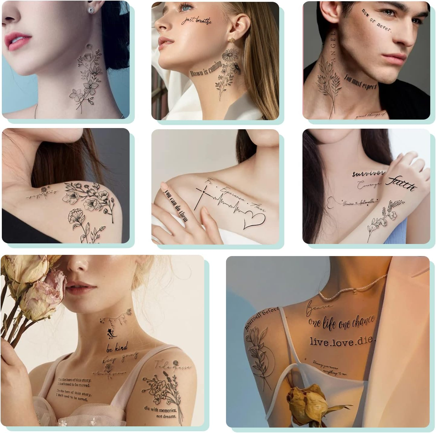 Waterproof Temporary Tattoo - 90 Sheets Realistic Fake Tattoos, 52 Sheets Inspirational Words Tattoo Stickers, 38Sheets Wild Flower Floral Rose Sunflower Bouquet Body Stickers for Adult Women Men Kids image number 5