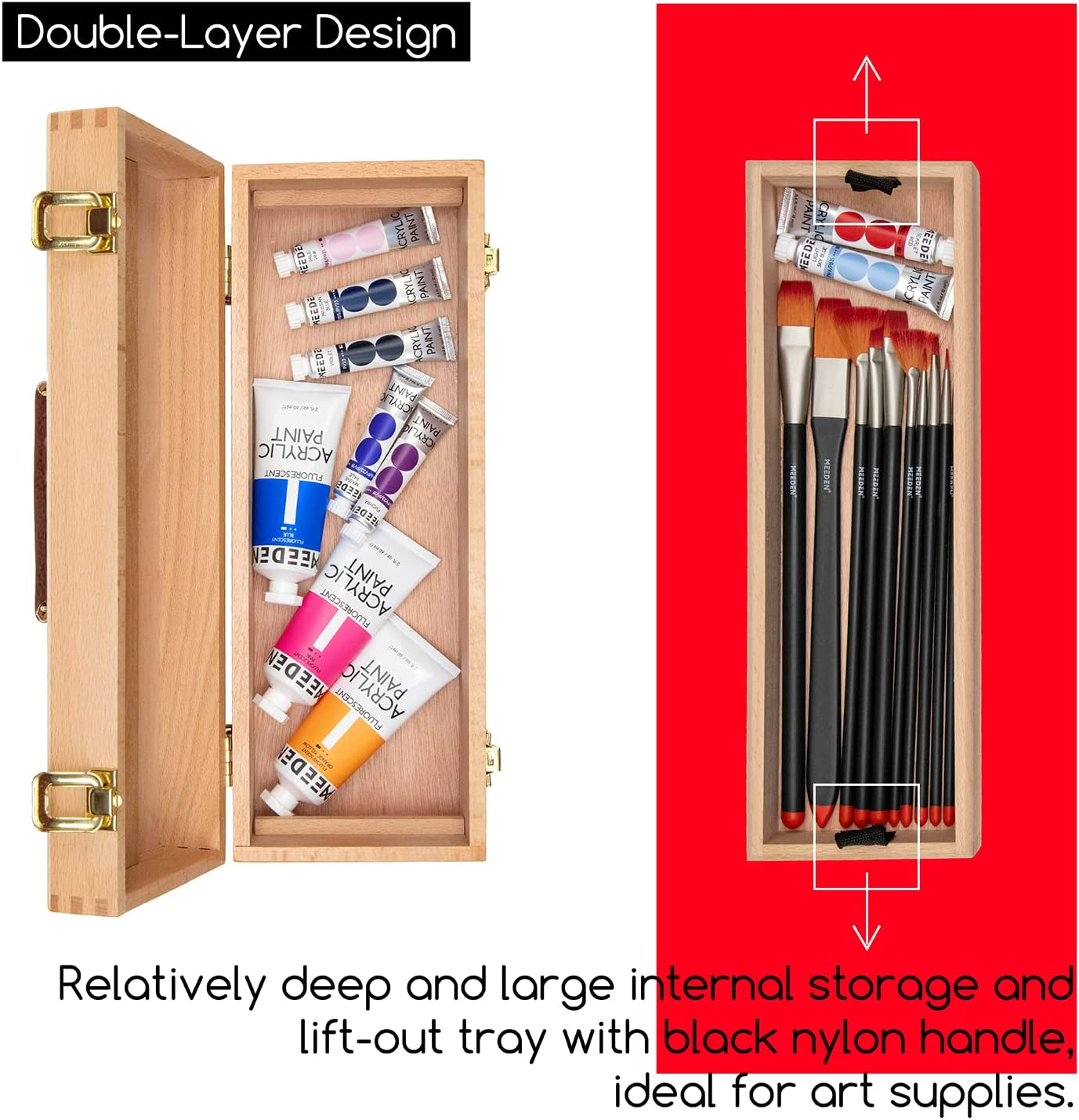 MEEDEN Medium Art Supply Storage Box - Multi-Function Solid Beech Wooden Chest/Art Tool Box with Lift Out Trays for Paint Brush, Pencil, Pastel, and More Art Supplies 14-1/5"W &times; 5-1/8"D &times; 4-1/3"H image number 6