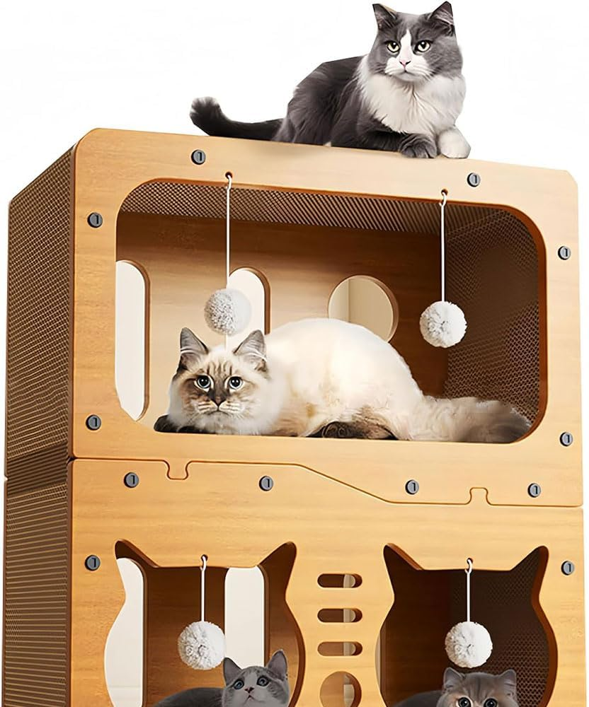 Double-Layer Cardboard Cat House &ndash; Indoor Cat Hideaway with Scratching Pads & Hanging Ball Toy, Durable Corrugated Cat Condo, Easy to Assemble for Kittens & Adult Cats (45&times;28&times;51Cm) image number 6