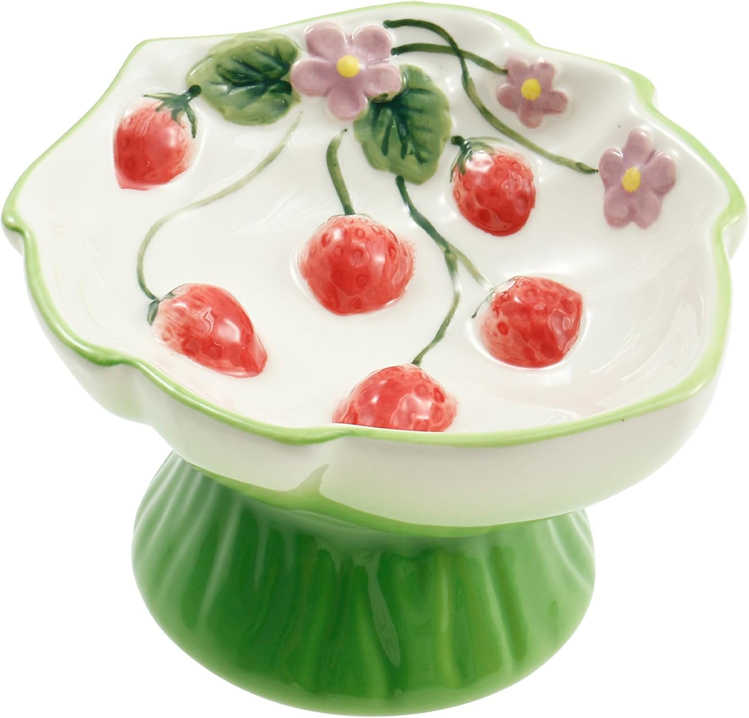 Raised Slow Feeder Cat Bowl, Ceramic Elevated Small Cat Food Bowl, 15&deg;Titled Glass Food Bowls Small Dogs Slow Feeder, Strawberry Shaped Cute Pet Dish for Dry and Wet Foods(Pink)