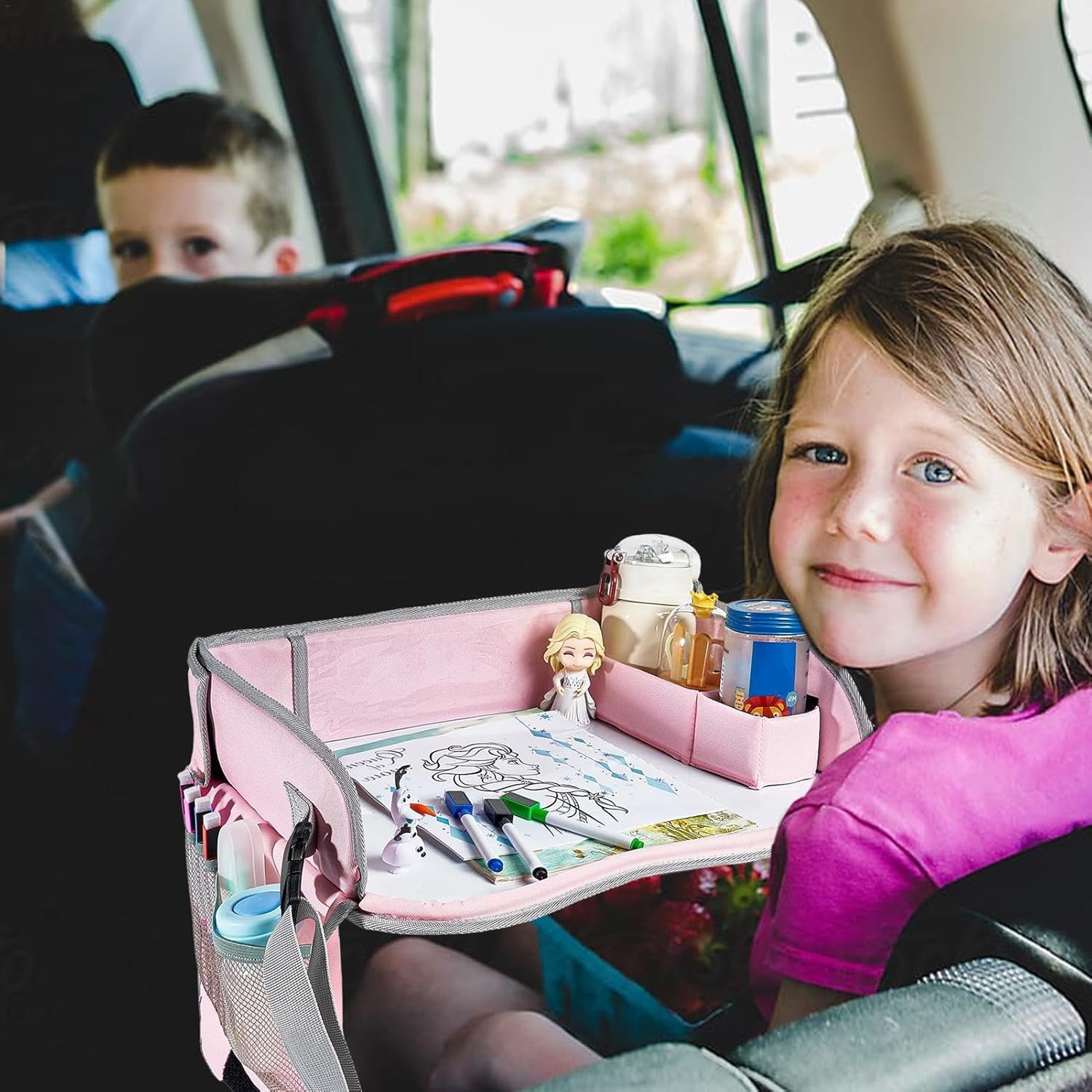 Car Seat Travel Tray,Kids Lap Tray for Car Seat - Portable Car Seat Activity Table Tray, Car Seat Snack Game Tray for Airplane and Stroller - Pink image number 6