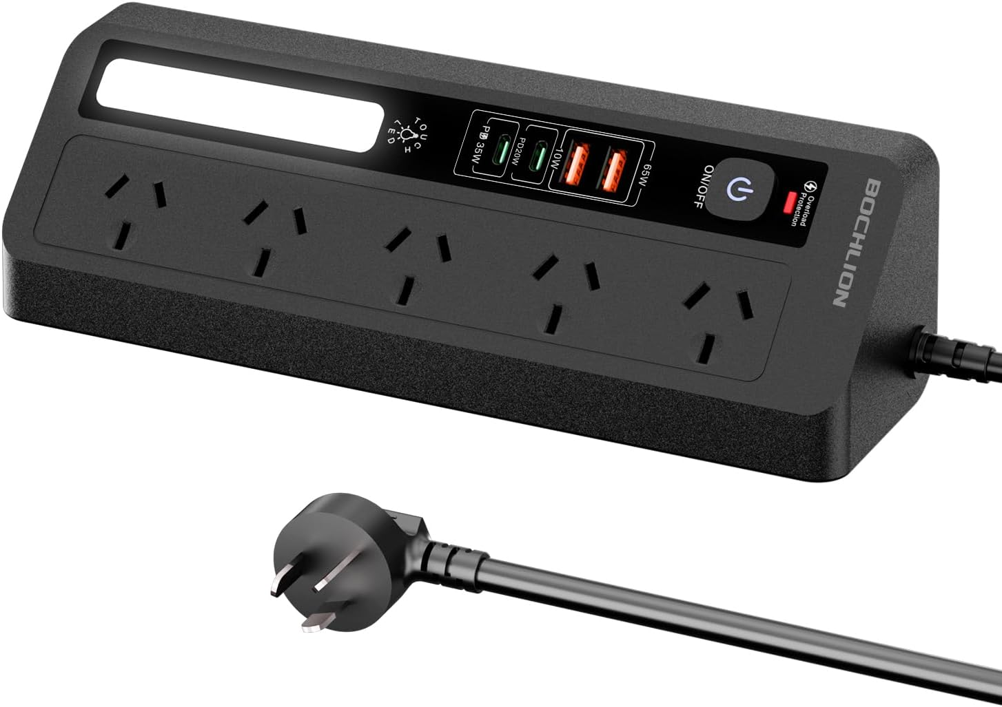 Desk Extension Lead with USB Slots, BOCHLION PD 35W + PD 20W Fast Charging Power Station with Night Light, 5 Way Plug Extension Socket Surge Protector, Desktop Power Strip 1.8M for Home Office (Black)