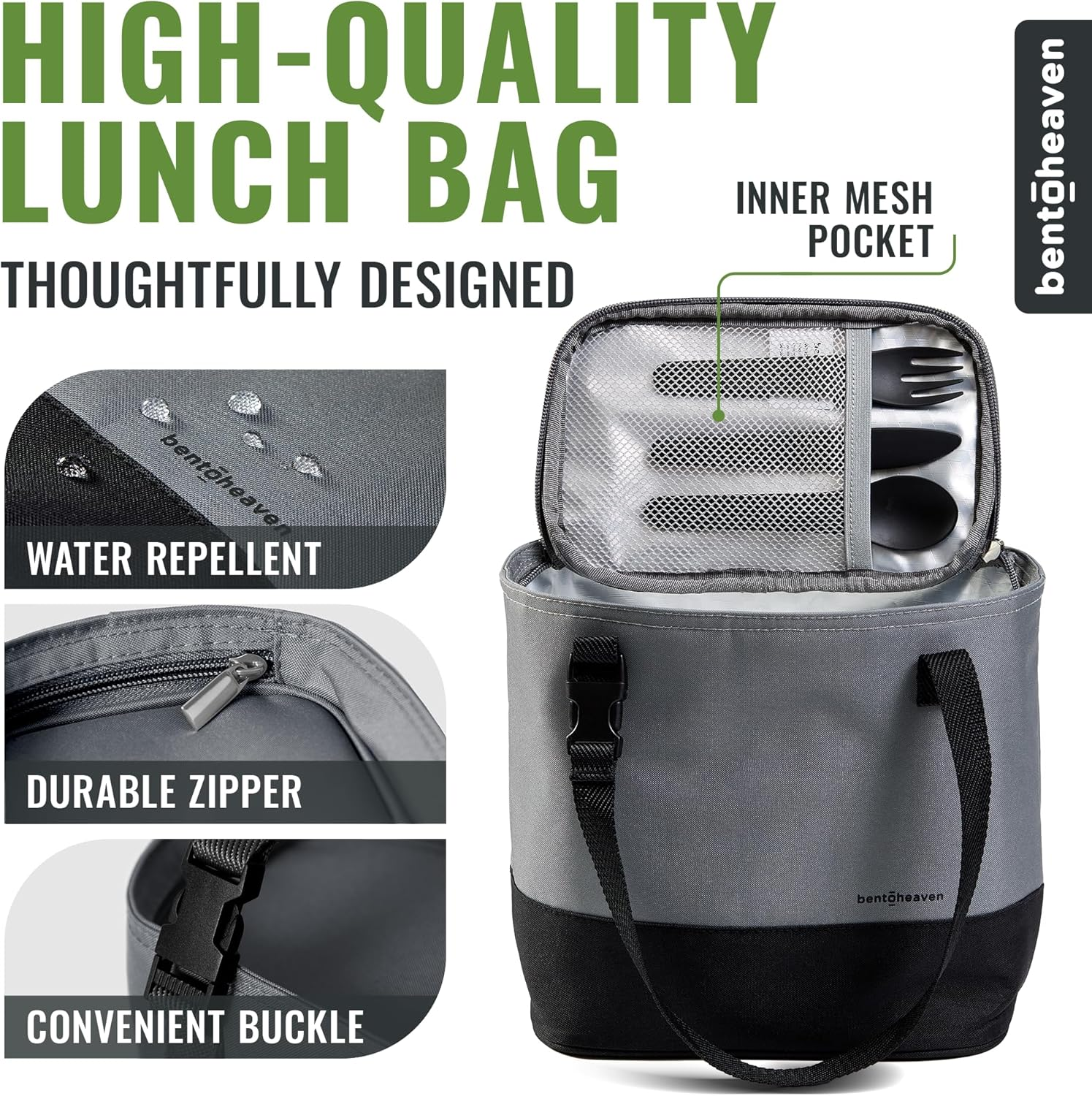 Bentoheaven Insulated Lunch Tote for Work - Durable Materials, Variable Strap/Handle, Wide Opening - Cooler Lunch Bag for Women & Men - Fits All Major Bento Lunch Boxes and Other Containers (Grey) - Midnight Blue image number 4