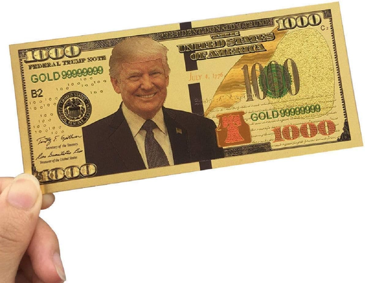 Partyyeah Donald Trump 1000 Dollar Bill Banknote, One Thousand 24K Gold Coated Donald Trump Legacy Limited Edition Million Dollar Bill Great Coin Currency Collectors and Republican (50 Pack) image number 1
