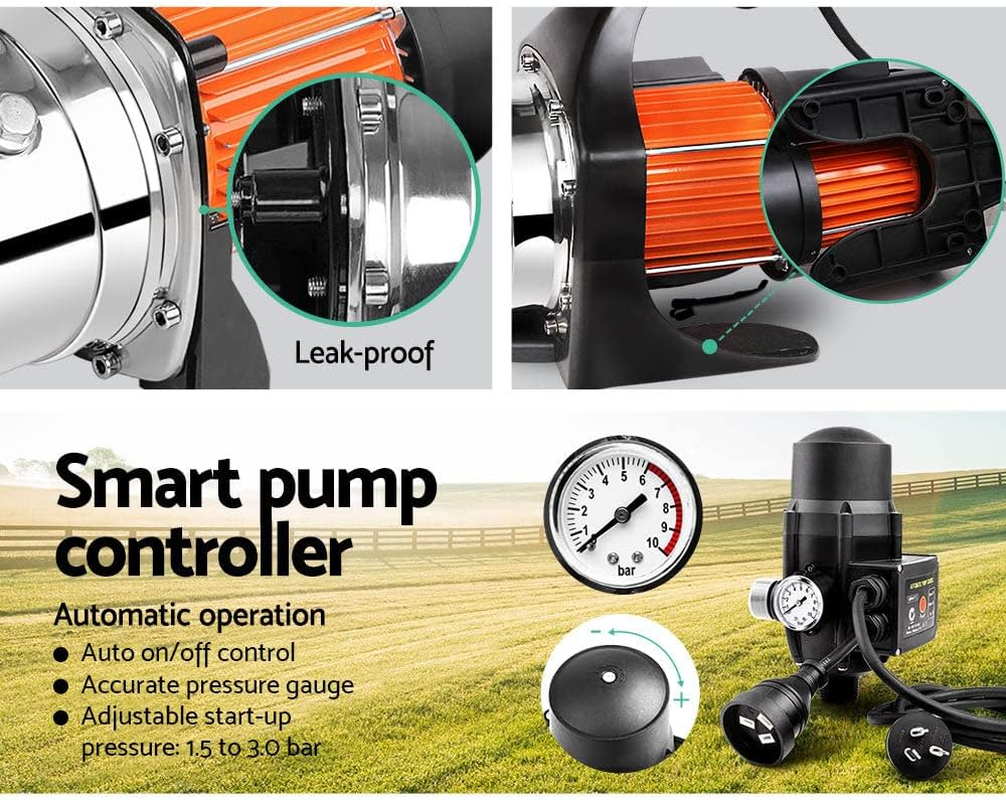 Giantz Water Pump, 800W Electric High Pressure Garden Pumps Controller Irrigation for Pool Pond Tank Home Farm, Portable Automatic Switch Anti-Rust Stainless Steel Body Yellow Black image number 2