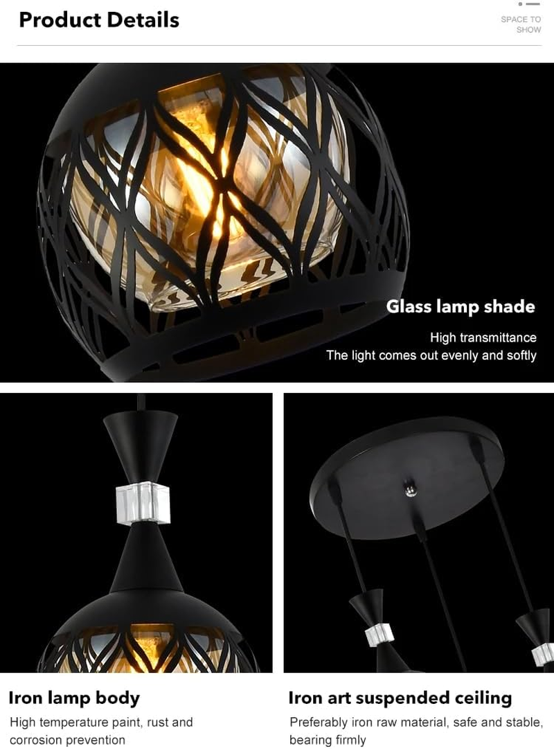 Pendant Lighting Black Chandelier Iron Glass Ceiling Hanging Lamp for Dinging Room, Living Room,Kitchen image number 1