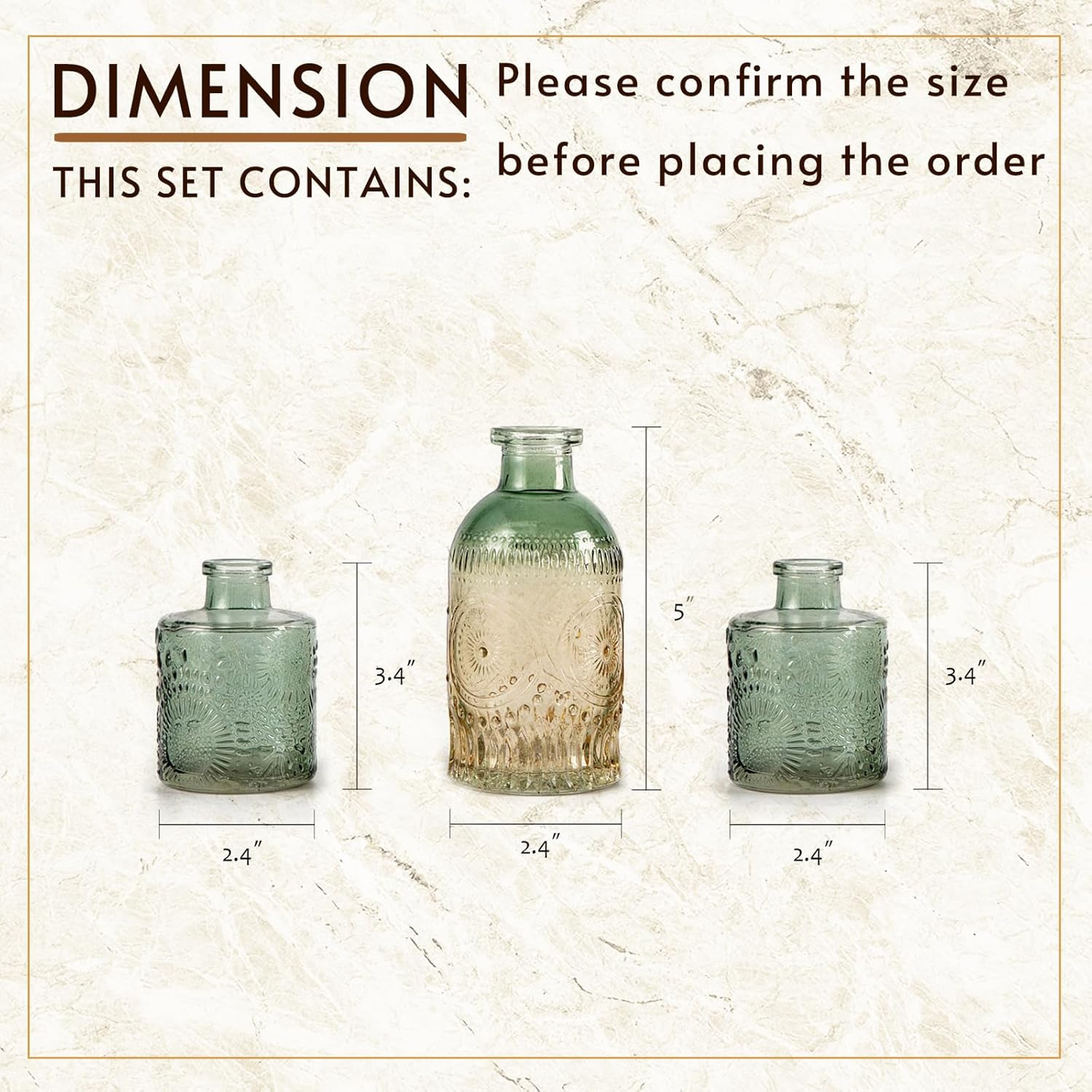 Glass Bud Vase Set of 3, Small Flower Vases for Decorative, Gradient Glass and Embossed Style Mini Glass Bottles for Home Decor, Vintage Glass Bottles for Centerpiece 3.3"-5.2''H(Green) image number 1