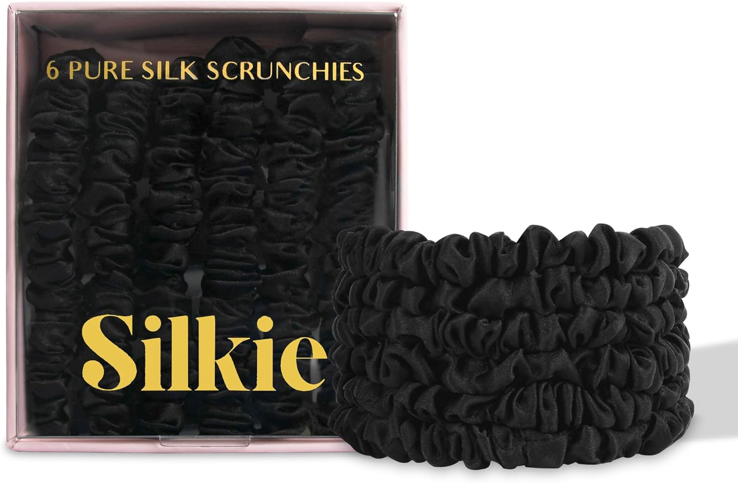 SILKIE 100% Pure Mulberry Silk Scrunchies Set of 4 Brown Travel Pouch Hair Care Elastic Hair Ties Ponytail Holder image number 2