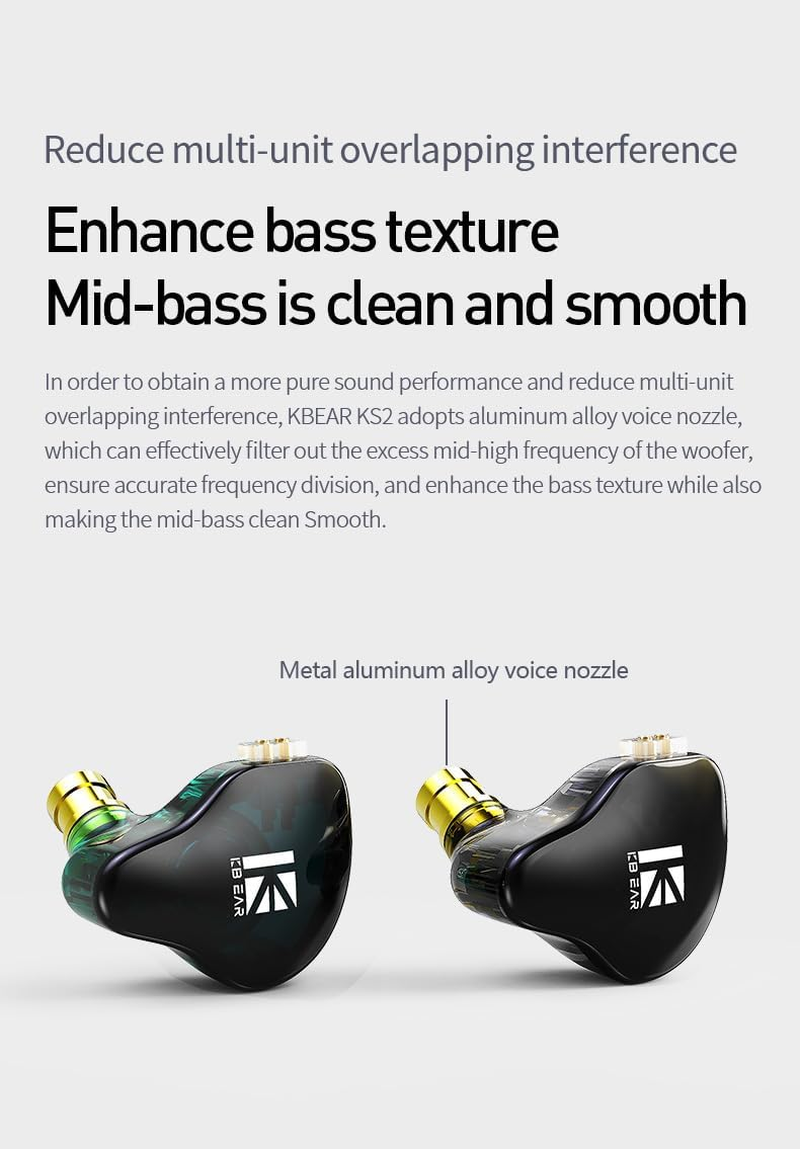 KEEPHIFI KBEAR KS2 IEM In-Ear Headphones, 10 Mm PU + Biological Composite Membrane DD 1BA In-Ear Monitors, Deep Bass, Aluminium Alloy Sound Nozzle Headphones with Removable Cable for Musicians, Gaming image number 2