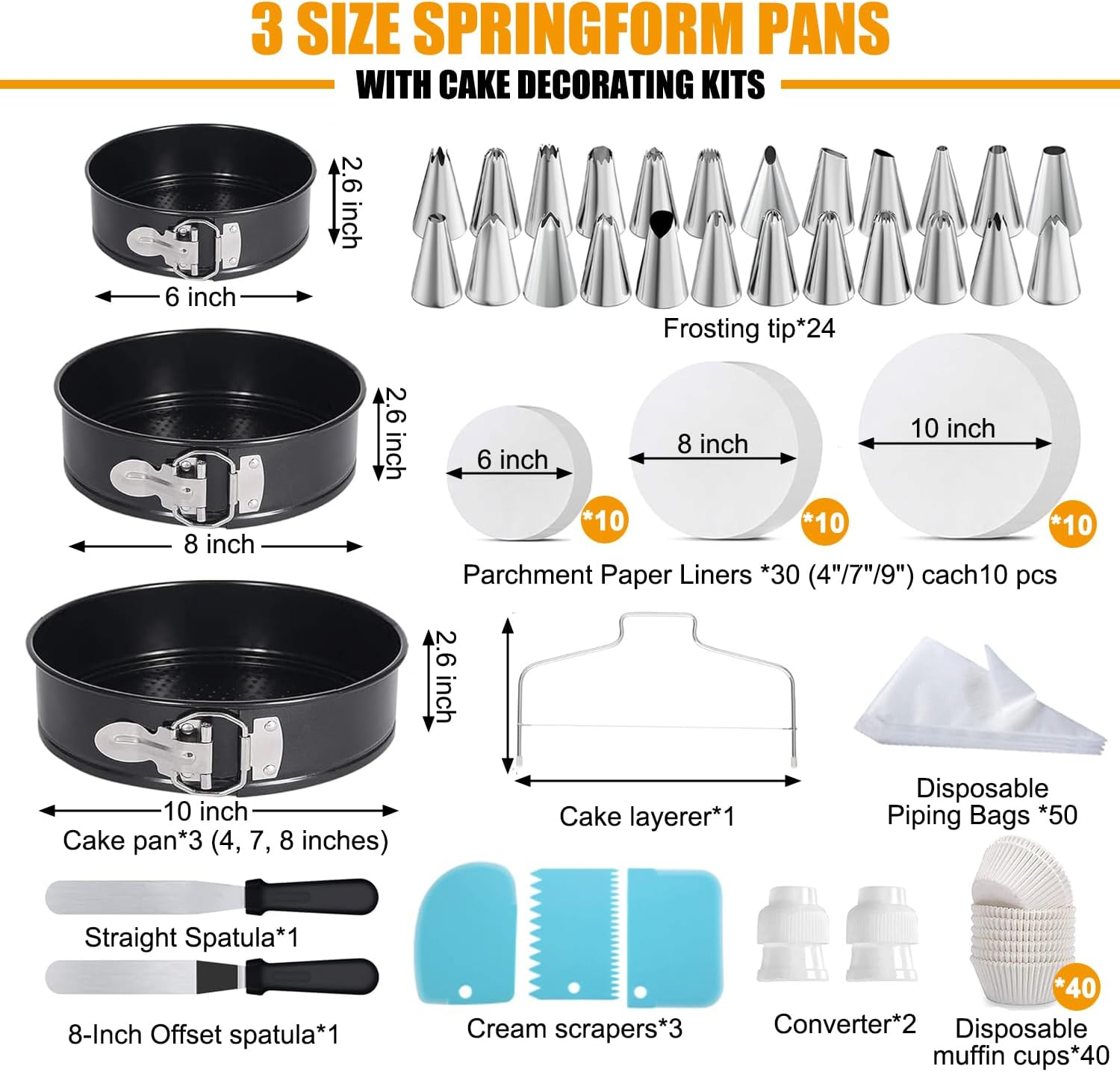 150PCS Cake Pan Set for Baking, Cake Decorating Supplies, 3 Non-Stick Springform Cake Pan, 24 Icing Tips, Cake Leveler, 2 Spatula, 3 Scrappers & More, Cake Decorating Kit Baking Supplies Tools image number 6