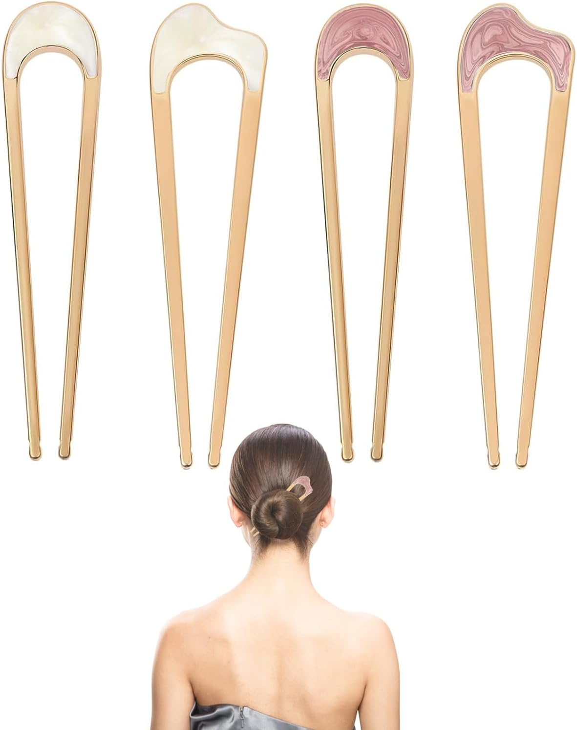 DHWEKU 4 Pieces U-Shaped Hair Pins Hairpin Stick French Style U-Shaped Hair Clips U-Shaped Headdress Hairpins Fork for Women Girls Hair Styling Accessories - 4 Types image number 4