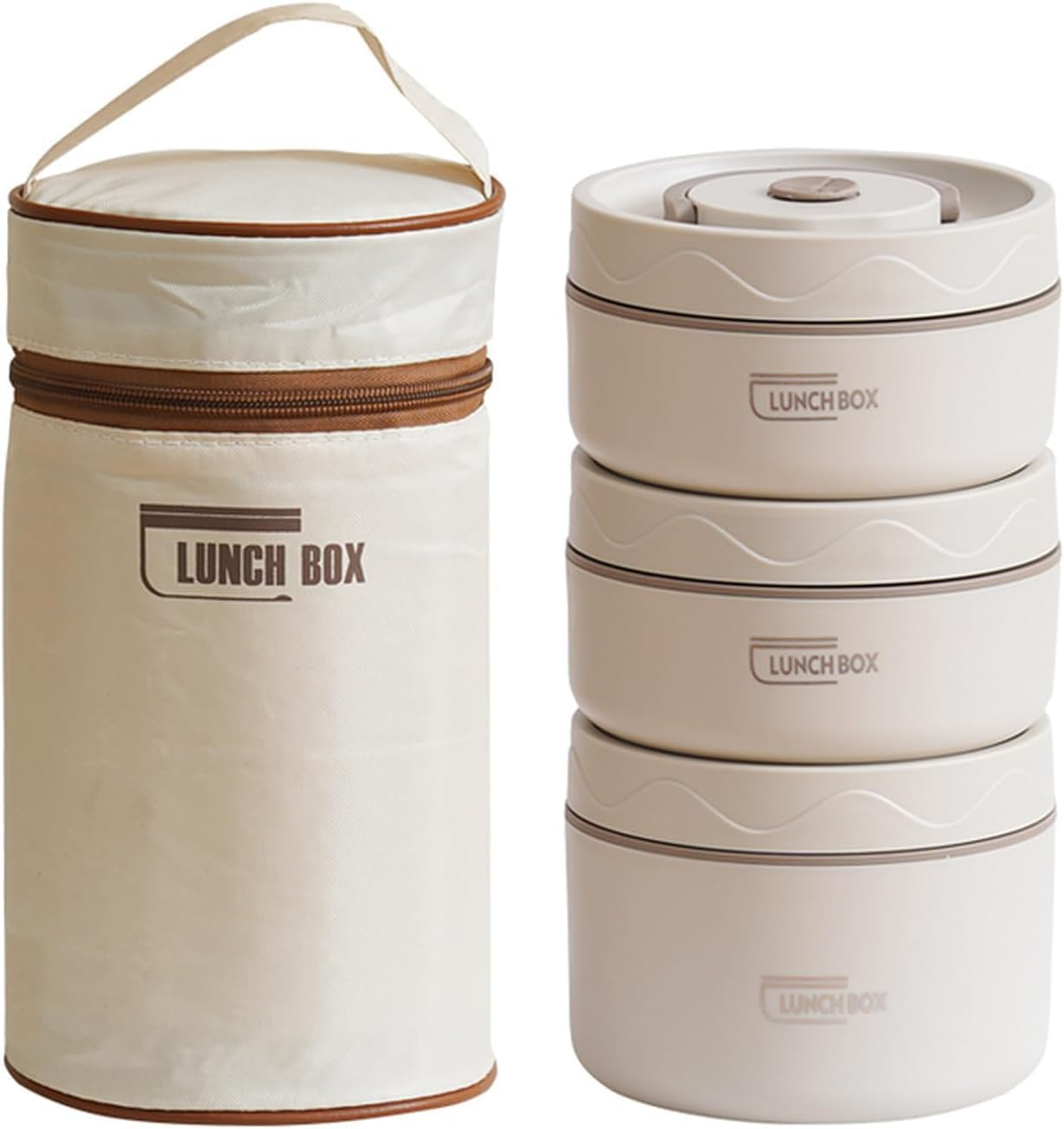 Thermal Bento Lunch Box Set, Portable Insulated Food Container Set with Bag, Separate Stackable Leakproof 304 Stainless Steel Lunch Container for Adult Kids Men Women (Beige-3 Pack)