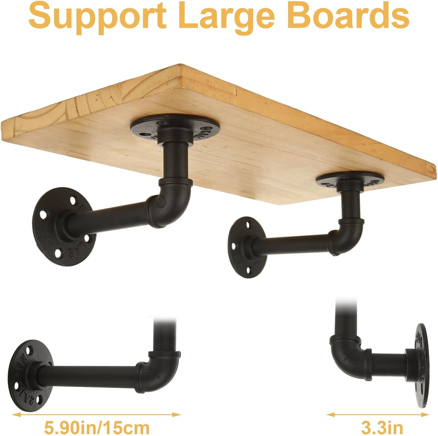 GBACHOOSE 6Pcs Industrial Pipe Shelf Brackets, Black Pipe Brackets Floating Shelf for Book Shelf Floating Shelves, Custom Wood Shelves Wall Mounted, Metal Rustic Pipe Decor with Hardware Included image number 6