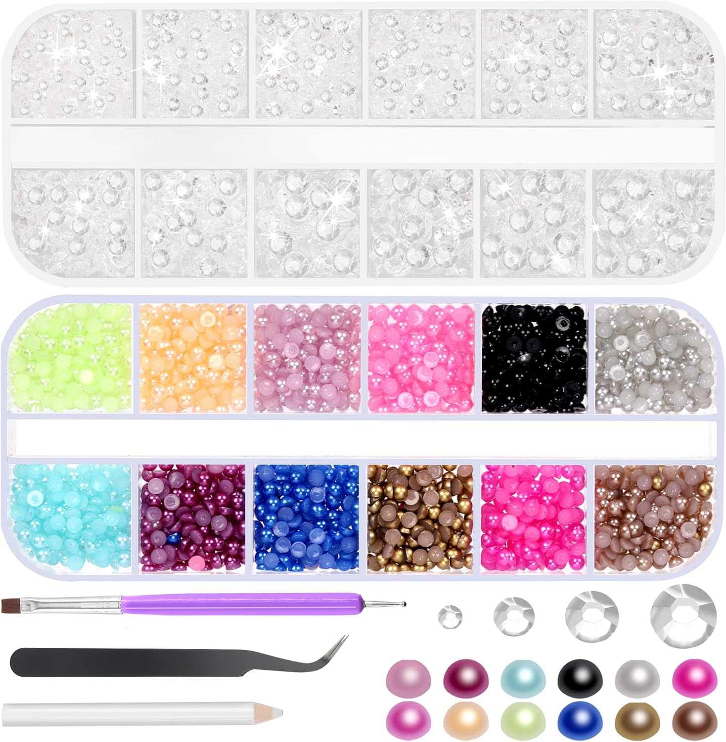 Glarks 4403Pcs Rhinestone Gems and Flat Back Pearl Set, 2MM 3MM 4MM 5MM Clear-White Flat Back Gems Crystal Rhinestones, 3MM Flatback Pearl Half Pearl Half round Flat Back Pearl with 3Pcs Tools