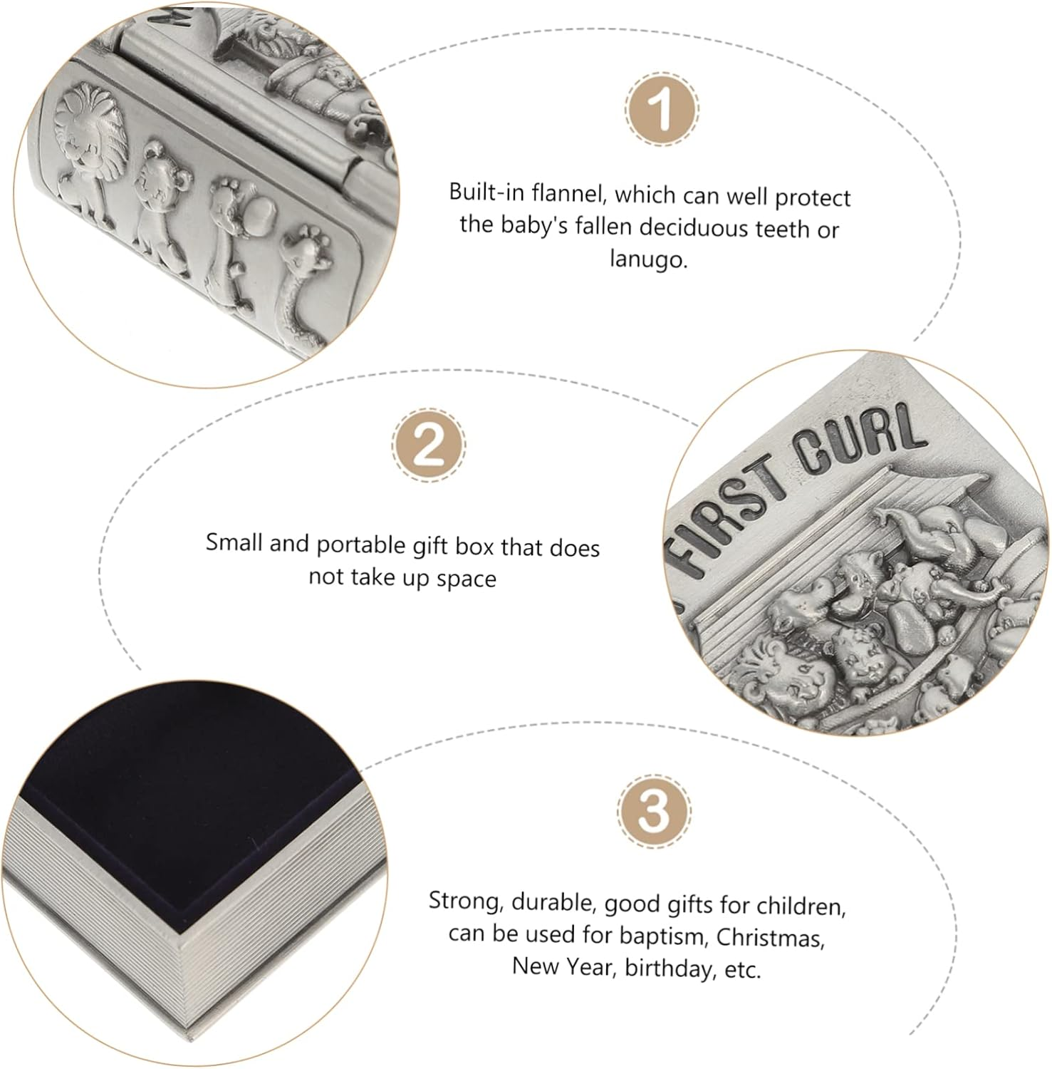 2 Pcs Baby Lanugo and First Tooth Keepsake Boxes Metal Storage for Infant Teeth and Hair Curl Silver Vintage Treasure Chest for Newborn Keepsakes image number 4
