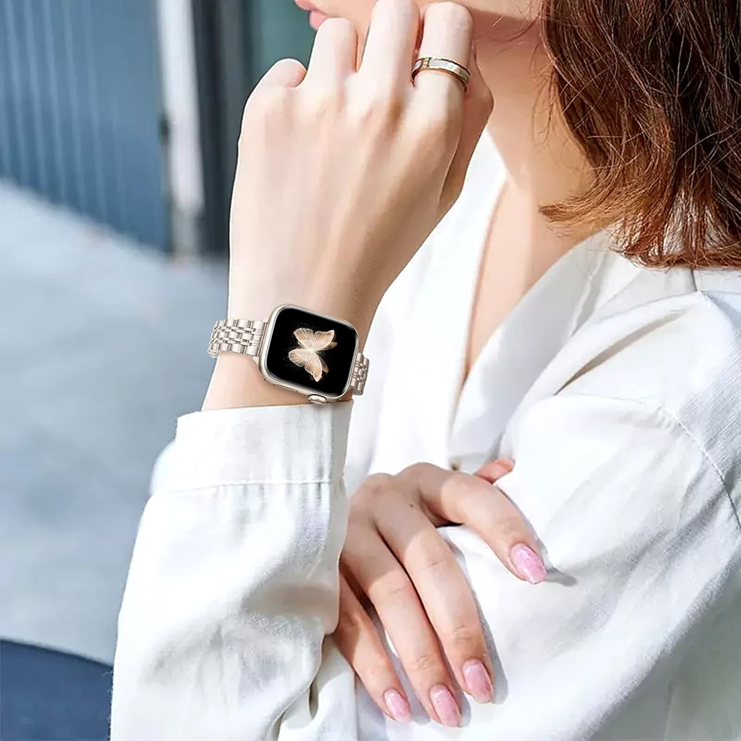 Ocaer Compatible with Apple Watch Strap 42Mm 41Mm 40Mm 38Mm, Slim Stainless Steel Metal Band for Apple Watch Series 10 9 8 7 6 5 4 3 2 1 SE, Elegant Apple Watch Bracelet for Women (Starlight) image number 3