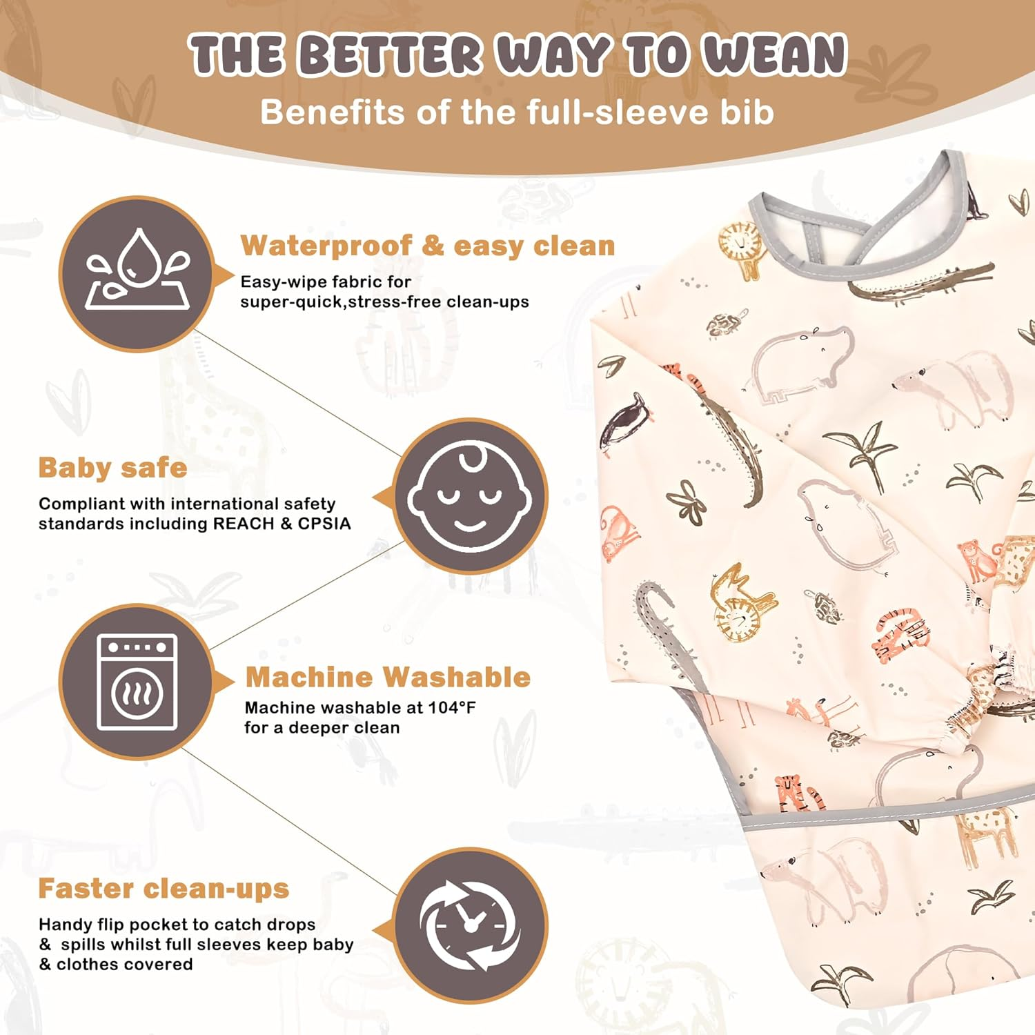 Little Dimsum Mess-Proof Baby Bibs|Infant Toddler Long Sleeve Waterproof Feeding Smock|Catching Food & Wipe Clean(Zoo) - Coconut Tree image number 4