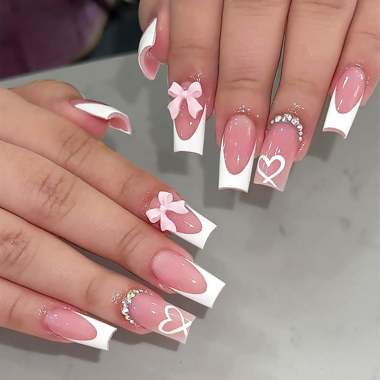 French Tip False Nails, Acrylic Full Cover Fake Press on Nails for Women Girls, Square Long Nude Color Stick on Nail Art Manicure Decorations (#1) image number 1
