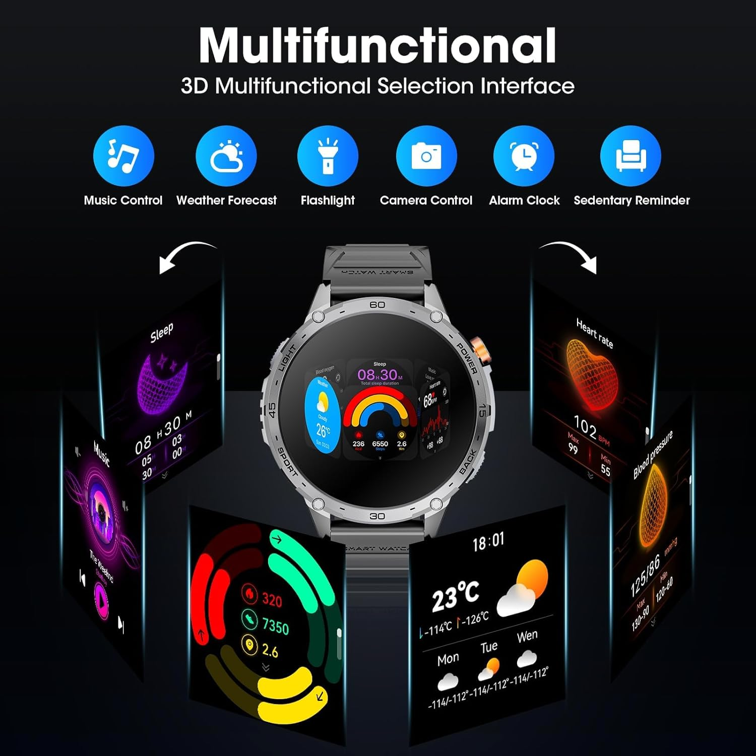 Military Smart Watch for Men 1.75" HD AMOLED Display 730Mah Battery Smart Watches with LED Flashlight for Android Ios（Bluetooth Call Answer/Dial Calls） Fitness Tracker - Black image number 2