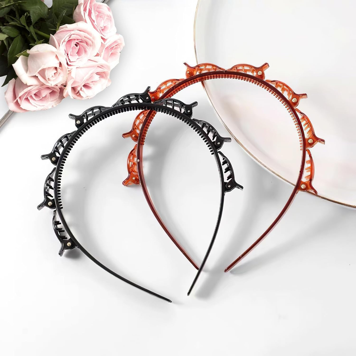 Pack of 2 Hair Bands with Clips, Double Bangs Hairstyle Hairpin, Hair Bands with Clips, Women'S Headband for All Hair Types and Hairstyles (Black and Brown, 1) image number 2