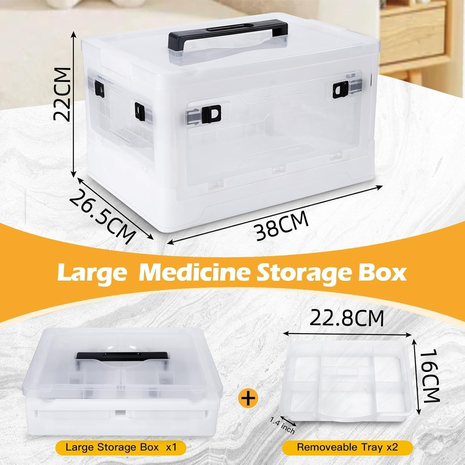 Extra Large Medicine Storage Box with Handles, First Aid Box Clear Medical Supply Organizer with Removable Tray, Multipurpose Plastic Medicine Chest with Wheels image number 1