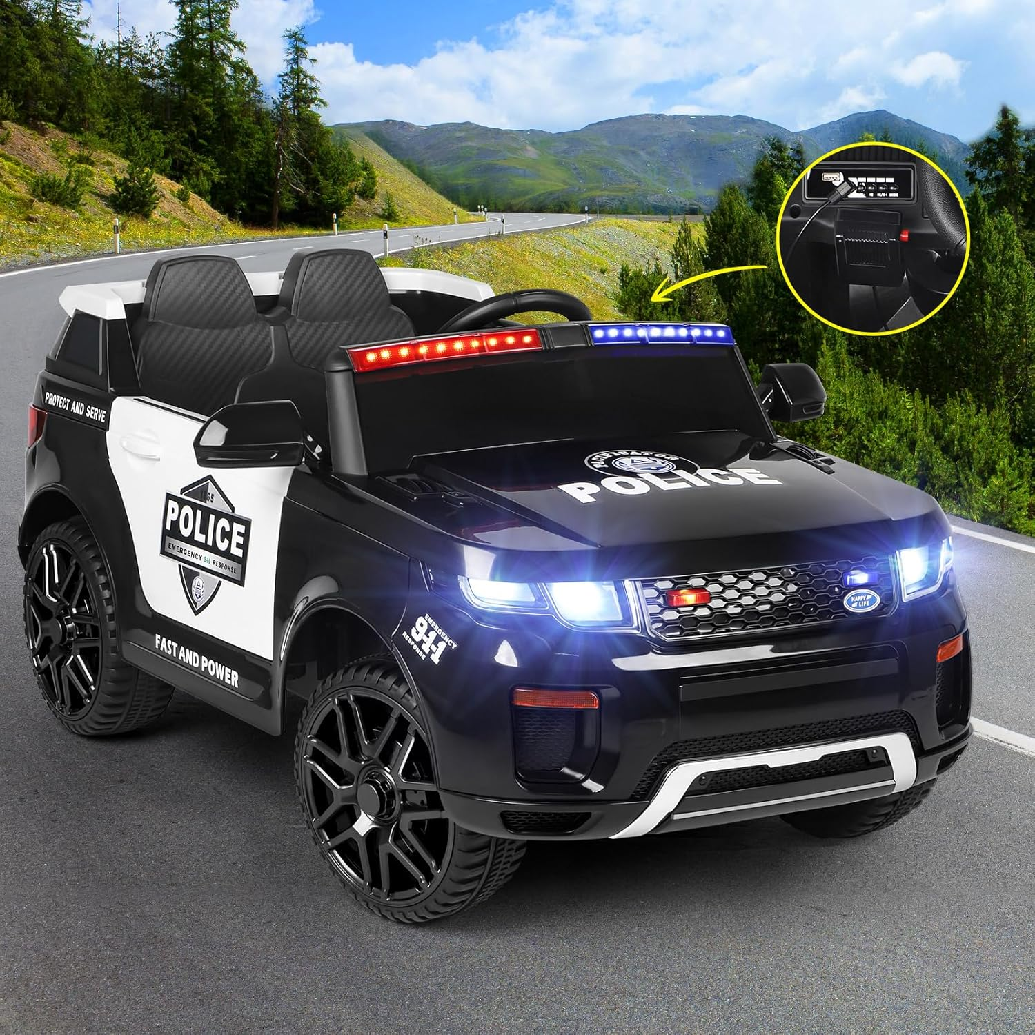 ALFORDSON Kids Ride on Car Remote Control, 12V Eletric Dual Motor Riding Car with Music Player LED Lights, Ride-On Toy Patrol Design Inspired from Police Vehicle for Toddler, Black image number 6