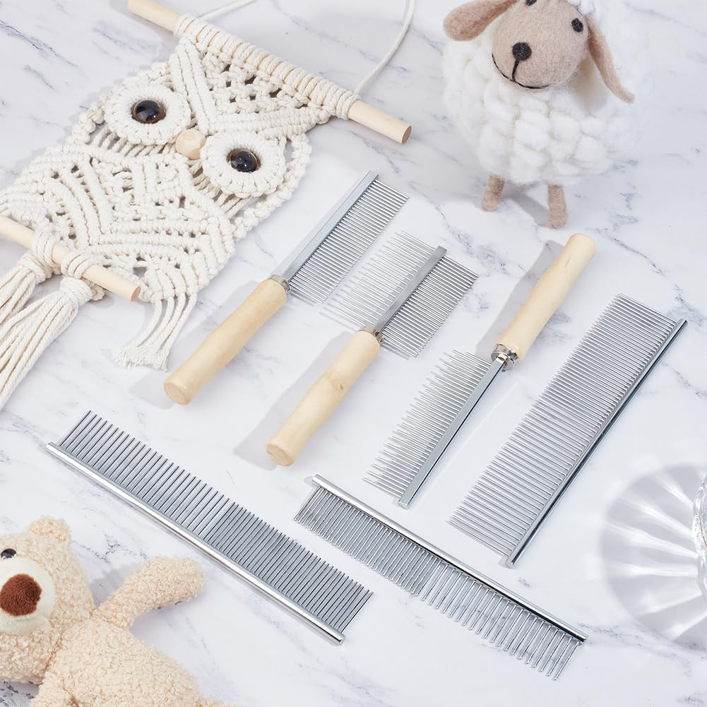 6Pcs Pet Stainless Steel Tooth Metal Combs Mixed Size Grooming Combs Set Double Sided Shedding Brush Professional Pet Dematting Combs with Wooden Handle for Dog Cat Hair Removing (Silvery, One Size) image number 1
