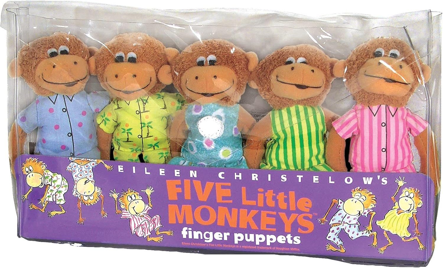 Merrymakers Five Little Monkeys Finger Puppet Playset; 5 Stories: Five Little Monkeys Jumping on a Bed, Bake a Cake, Sitting in a Tree, with Nothing to Do, Wash the Car; Activities & Book Bag Gift Set image number 1
