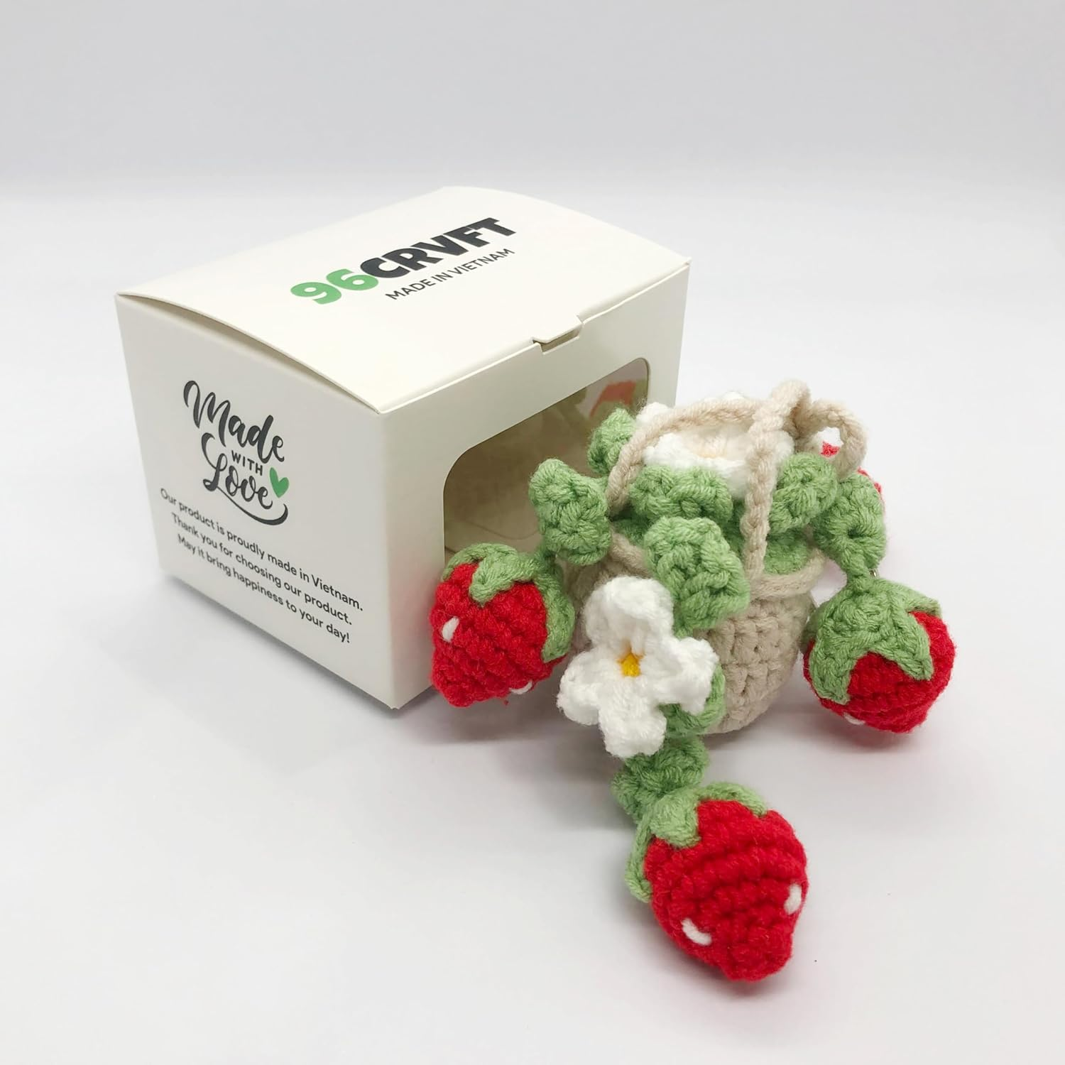 Cute Crochet Daisy Strawberry Hanging Plant for Car Accessories, Aesthetic Decor Rear View Mirror Hanging Ornament for Women and Men, Handmade Cute Car Interior Decor Accessories Gift - Berry image number 3