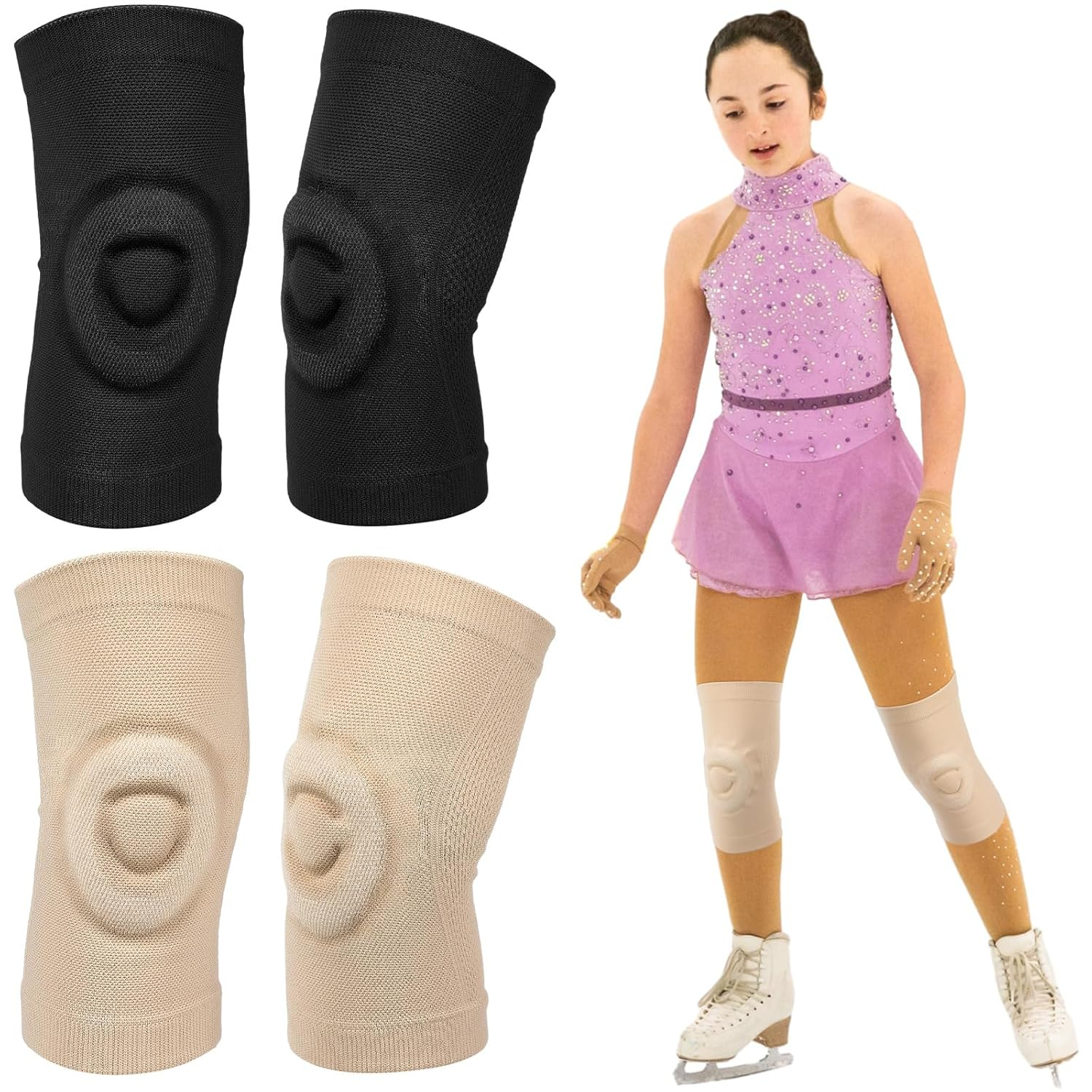 Shappy 2 Pair Figure Ice Skating Knee Pads Gel Dance Knee Pads Cushion and Support Breathable Material for Dancing Skating Women Girl Men(Large,Beige and Black)