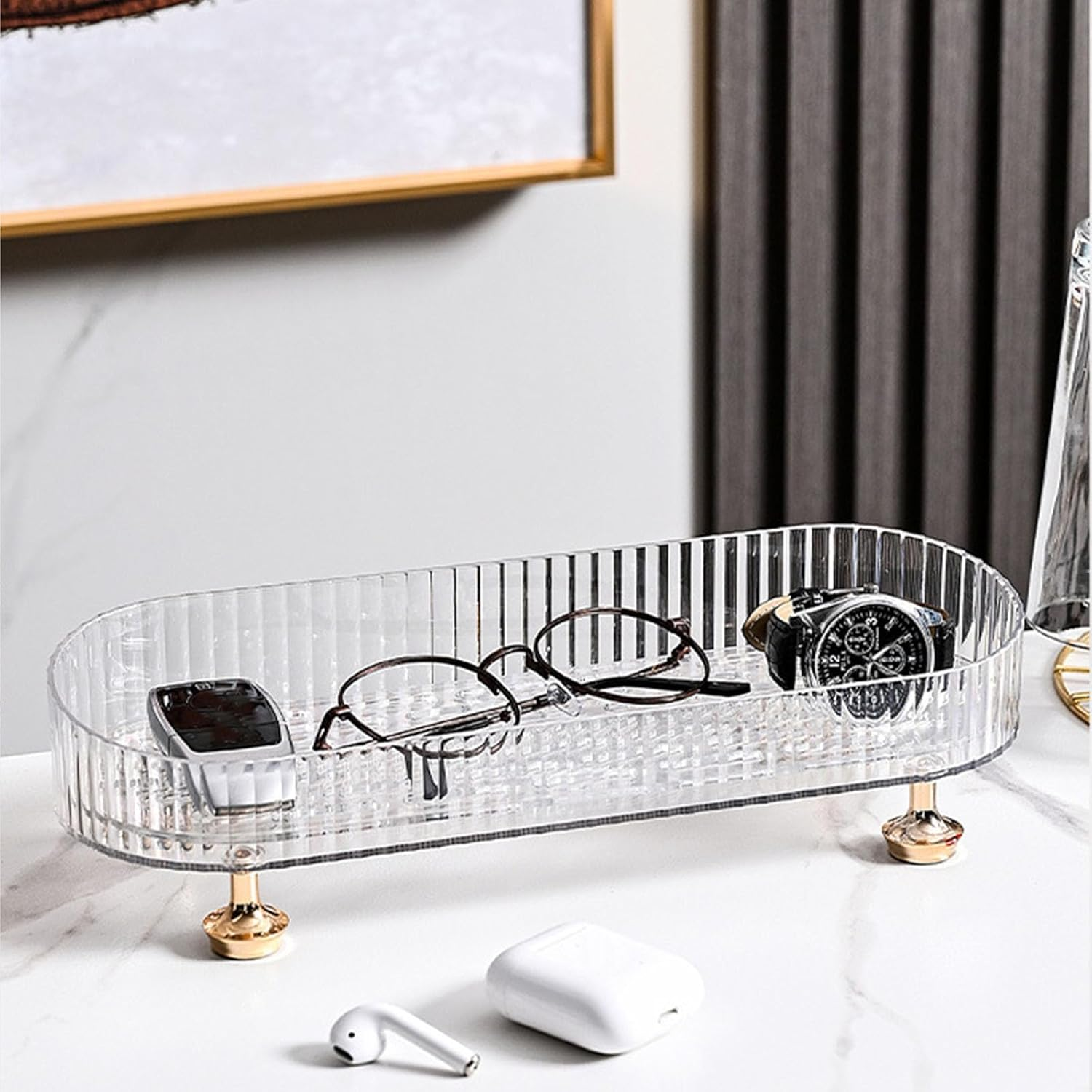 Makeup Perfume Organizer Tray, Small Bathroom Trays for Counter, Decorative Perfume Holders, Vanity Make up Organizer for Skincare and Cosmetics (Clear) - Black image number 2