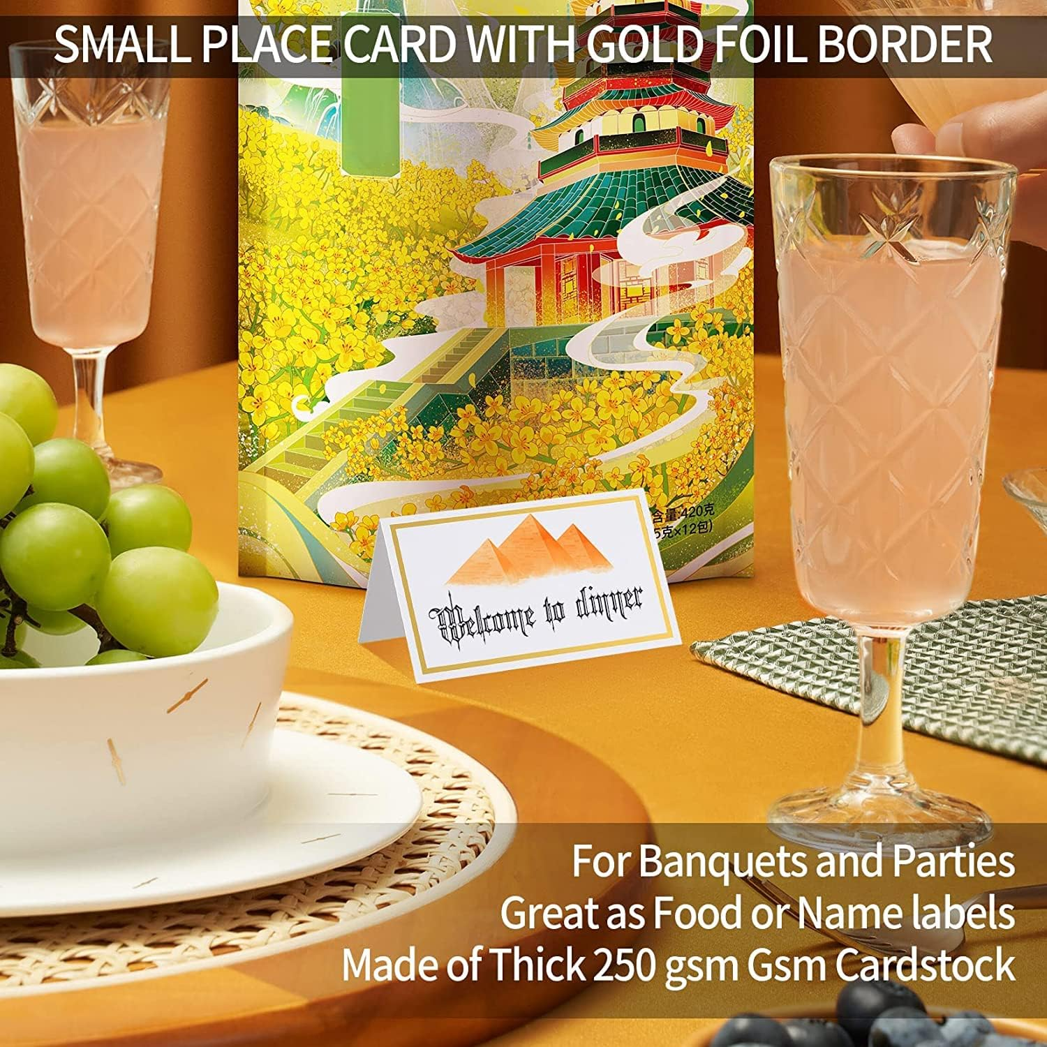 100 Pcs Place Cards with Gold Foil Border, Scored for Easy Folding, Place Cards for Table Setting, Food Tent Labels，Reception Event Celebration Event image number 2