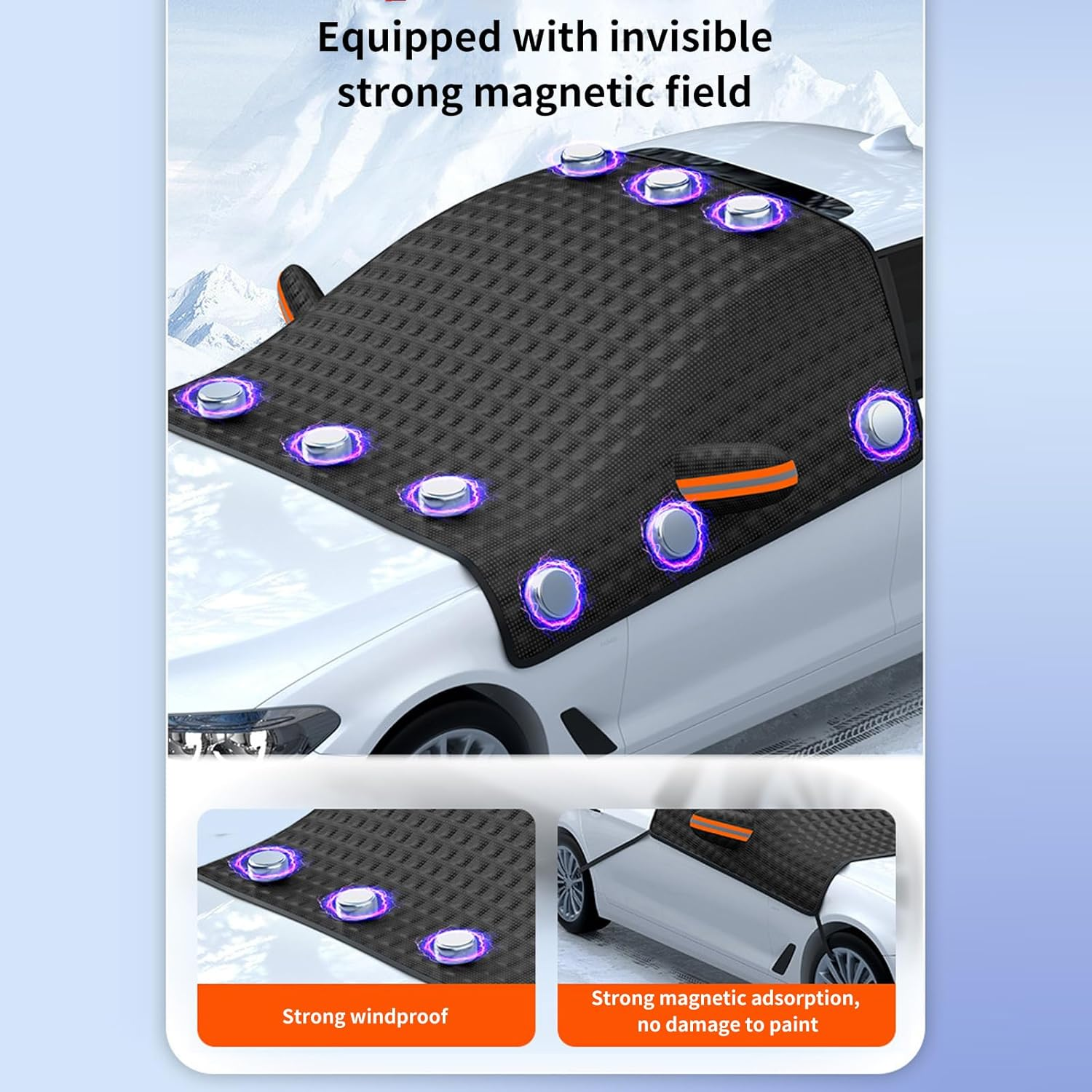 GUYOS Car Windscreen Cover Windshield Magnetic Snow Cover Windshield Front Cover anti Rain Snow Frost Sun Protection Cover Dust Protector with Magnet Reflective Strip Design image number 4