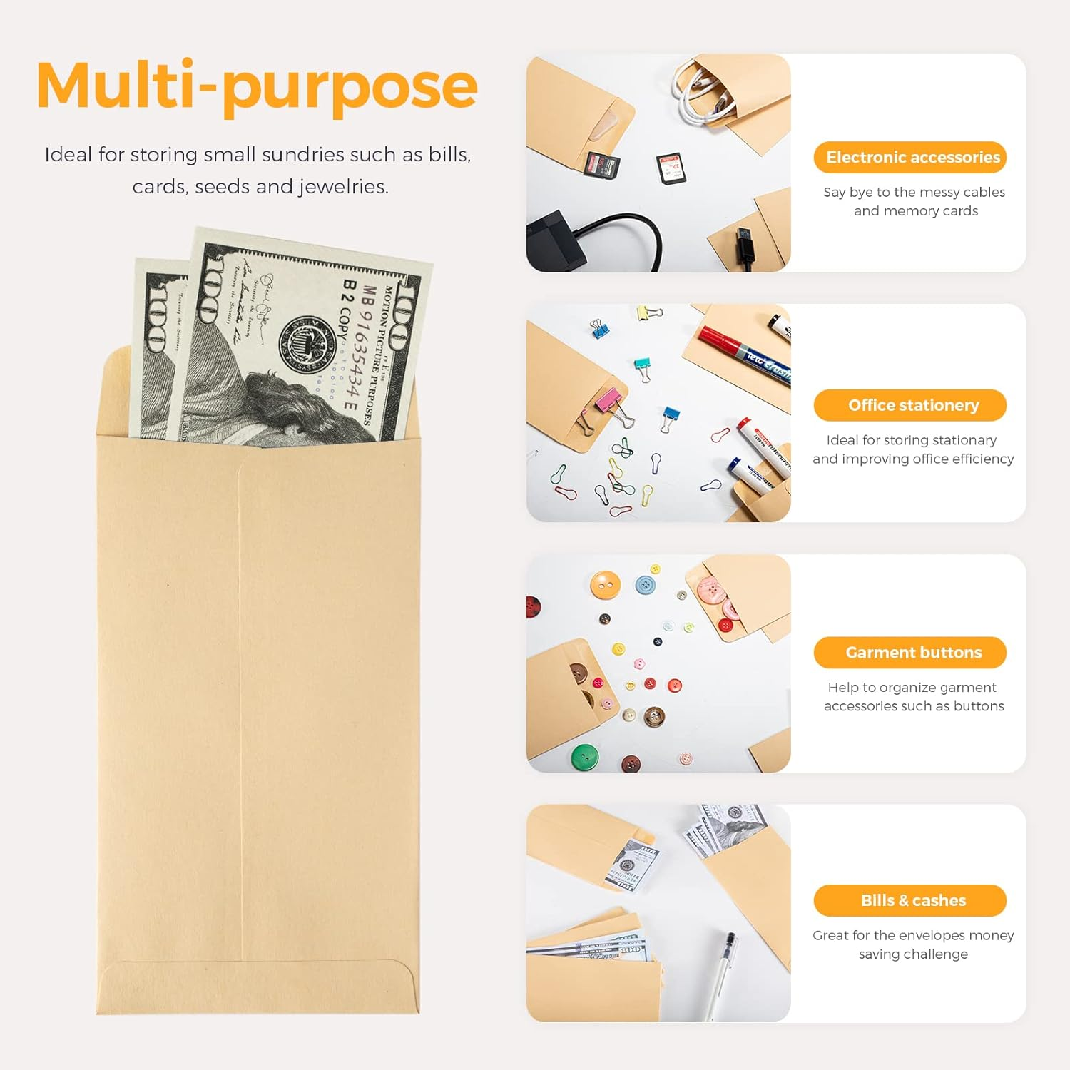 ACSTEP 100 PACK Brown Cash Envelopes 3 1/2 X 6 1/2 for Budgeting, Small Kraft Money Envelopes Self Adhesive for Cash, Coins, Check, Seeds, Money Savings Challenges image number 2