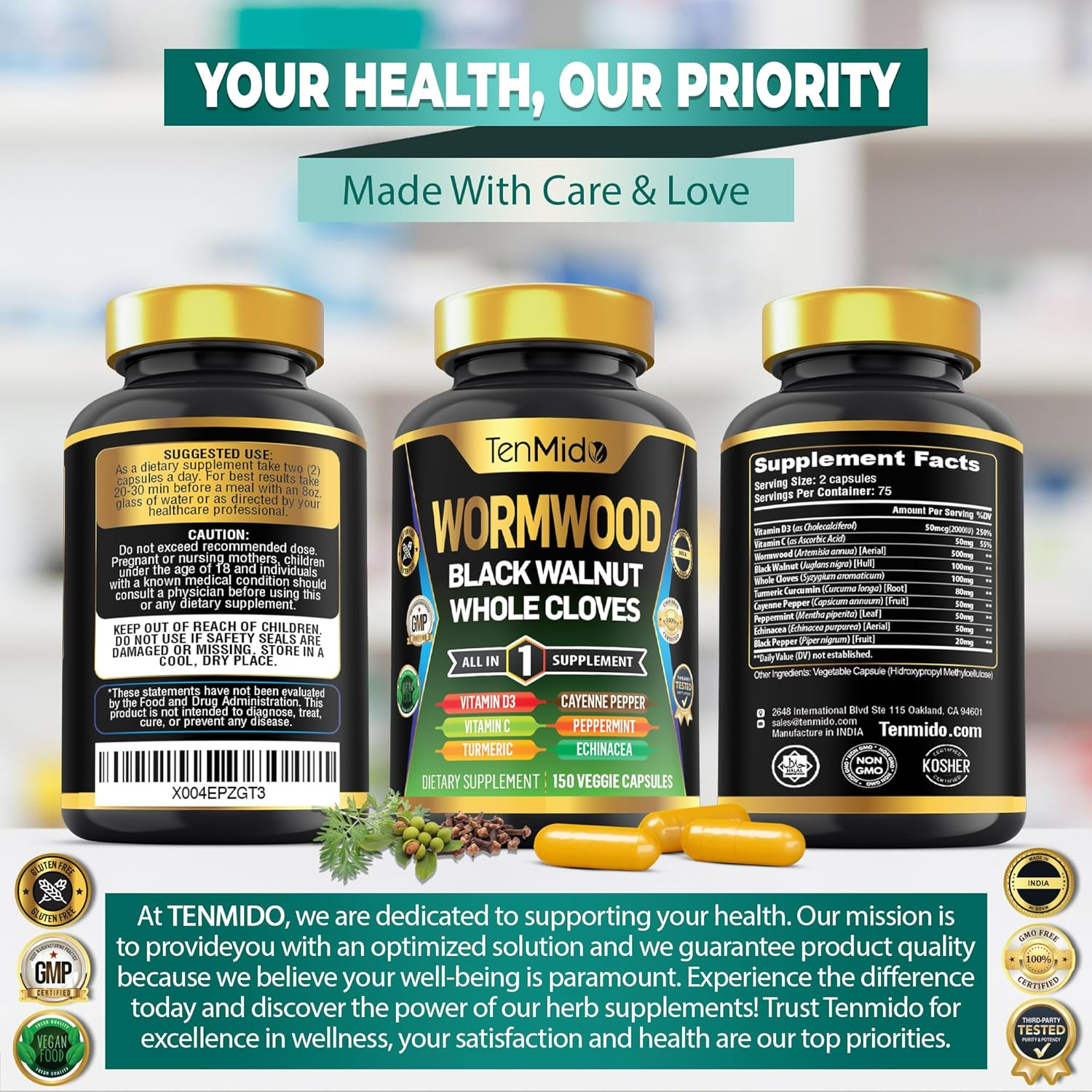 Tenmido Wormwood Capsules Supplement for Men and Women, 10In1 Formula with Black Walnut, Whole Cloves, Turmeric, Cayenne Pepper & More - Digestive, Immune Support - Nutrient Rich - 150 Capsules image number 3