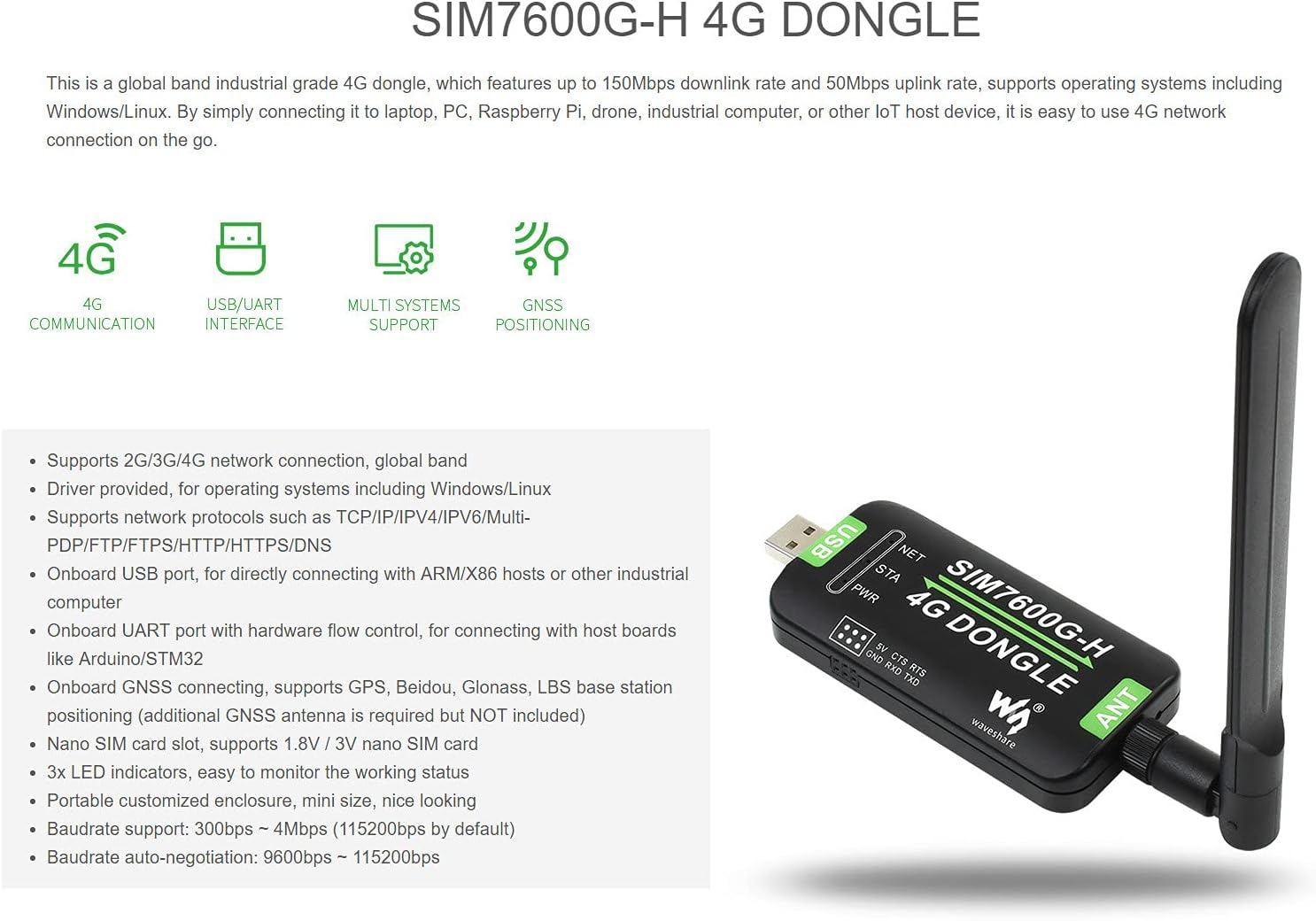 Waveshare SIM7600G-H 4G DONGLE with Antenna Compatible with Windows/Linux image number 2