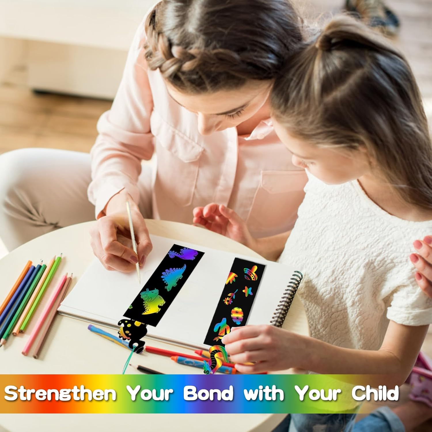 48 Pcs Scratch Art Bookmarks Party Favours Kids, Animal Bookmarks Set Party Bag Fillers with 48 Pcs Colorful Ribbons and 24 Pcs Wood Stylus, Scratch Art for Classroom Activities Party(Dinosaur) image number 4