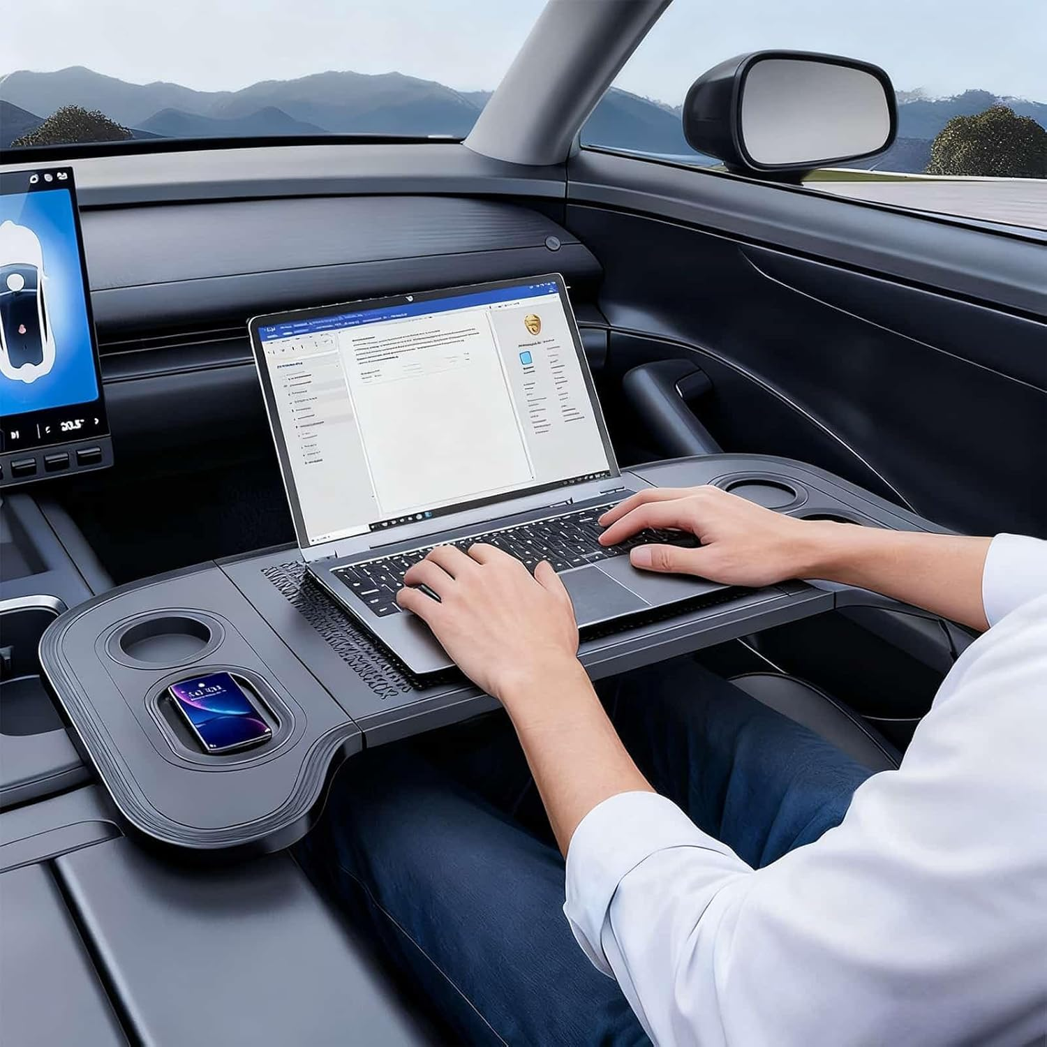 Car Tray,Foldable Laptop Cup Tray,Food Desk Work Stand - for Lunch Work Meeting Travel Truck Road Trip Van Computer Snack Eating