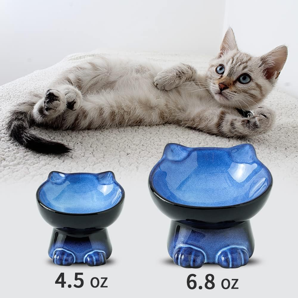 Nihow Slanted Elevated Cat Bowls: 5 Inch Ceramic Raised Cat Food Bowl for Protecting Pet'S Spine - Microwave & Dishwasher Safe -Elegant Blue & Black (4.5 OZ /1 PC) image number 1