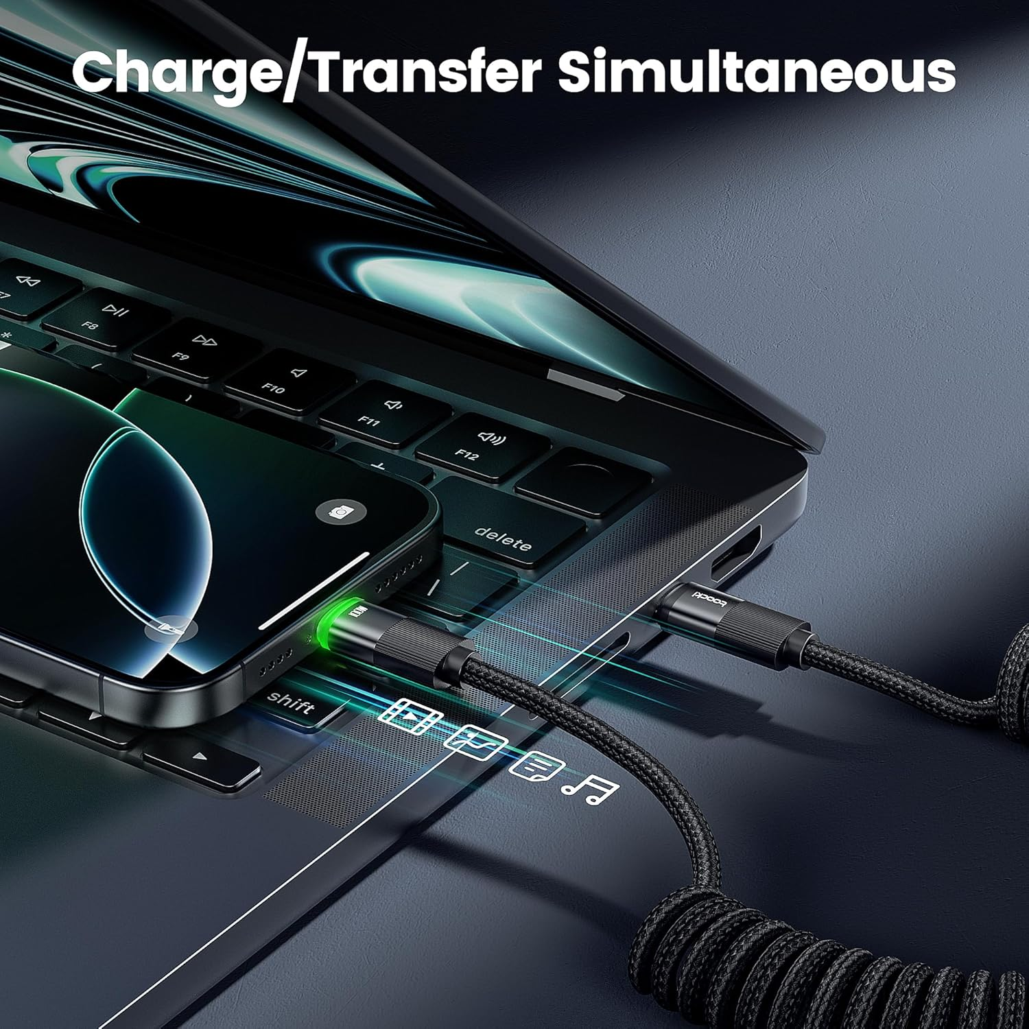 Toocki 100W USB C Coiled Cable, 2Pack 1.2M Type C Coiled Cable with Data Sync LED Indicator for Carplay, Compatible with Iphone 17 16 15 Pro plus Max Air, Ipad, Macbook Pro,Galaxy S25/S24 image number 5