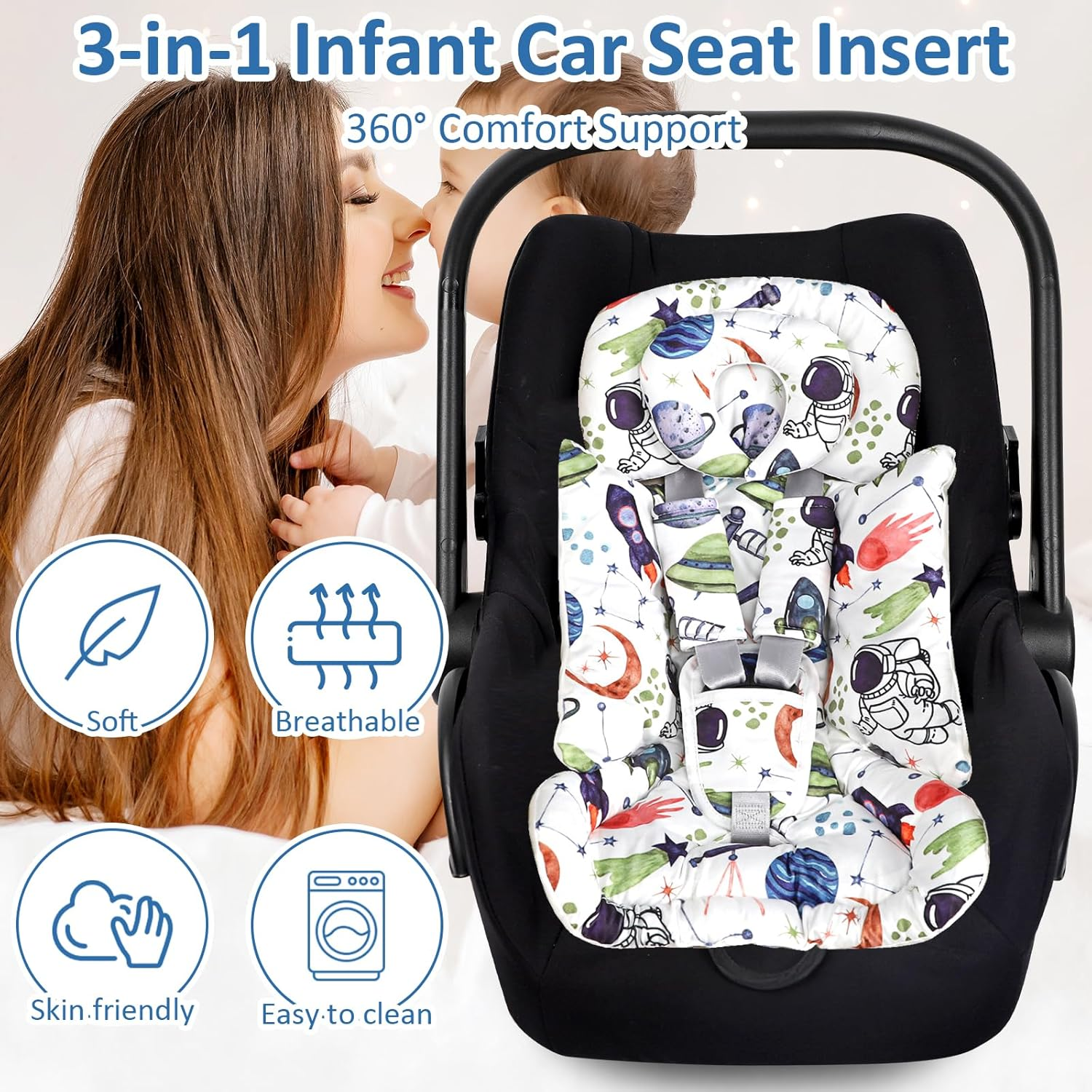 TANOFAR Infant Car Seat Insert for Preemies & Newborns, Baby Car Seat Insert with Removable Head Support, Universal Head and Body Support Pad for Car Seat, Stroller & Swing(Space) image number 5