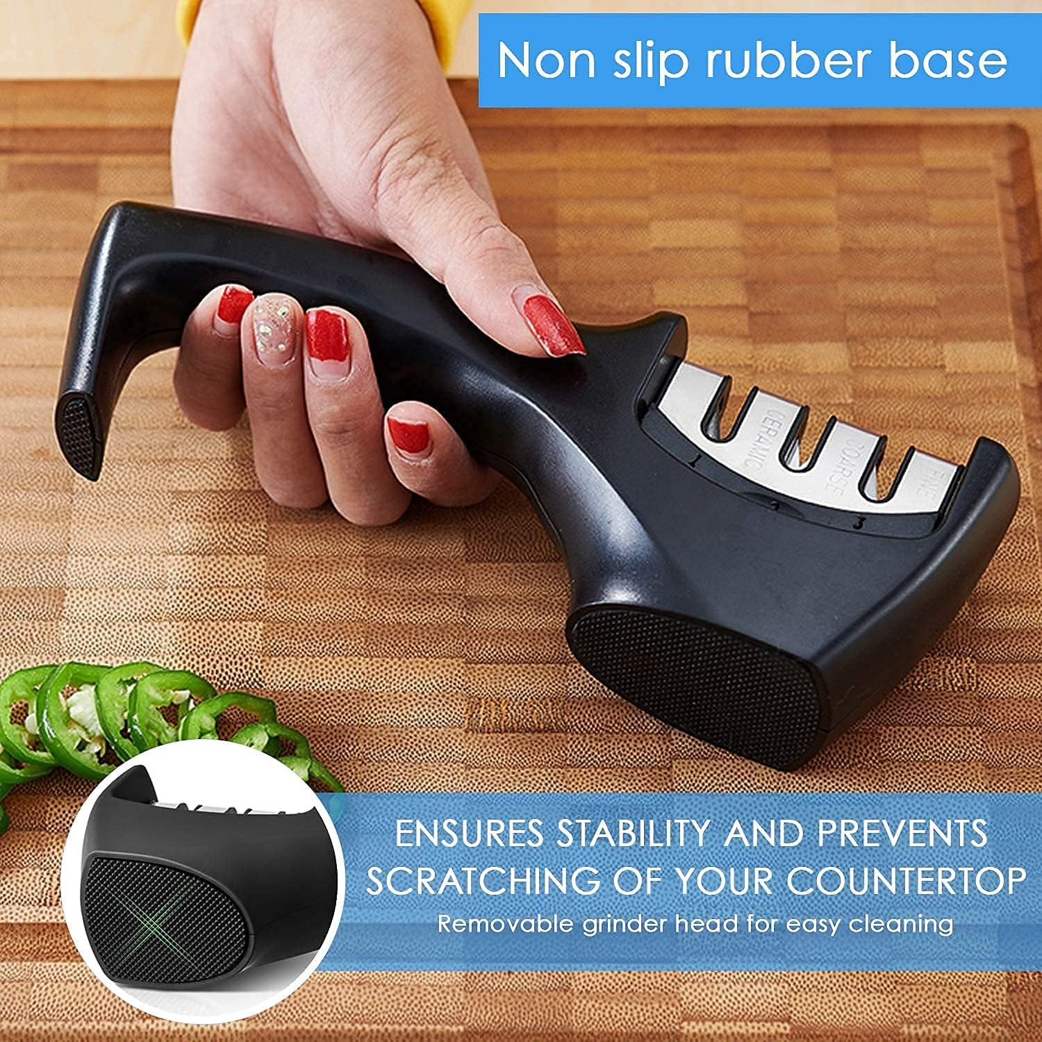 DIRECT from FACTORY Kitchen Knife Sharpener &ndash; Professional 3-Stage Knives Sharpening System for Straight & Serrated Knives, 304 Stainless Steel Manual Machine with Non Skid Base & Ergonomic ABS Handle