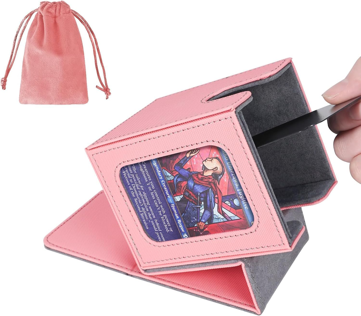 MTG Deck Box for Commander Display,Card Deck Box Fits 100 Double Sleeved Cards, Magic Commander TCG Card Storage Box with 2 Dividers,Drawstring Bag and 1 Toploader(Pink/Grey)