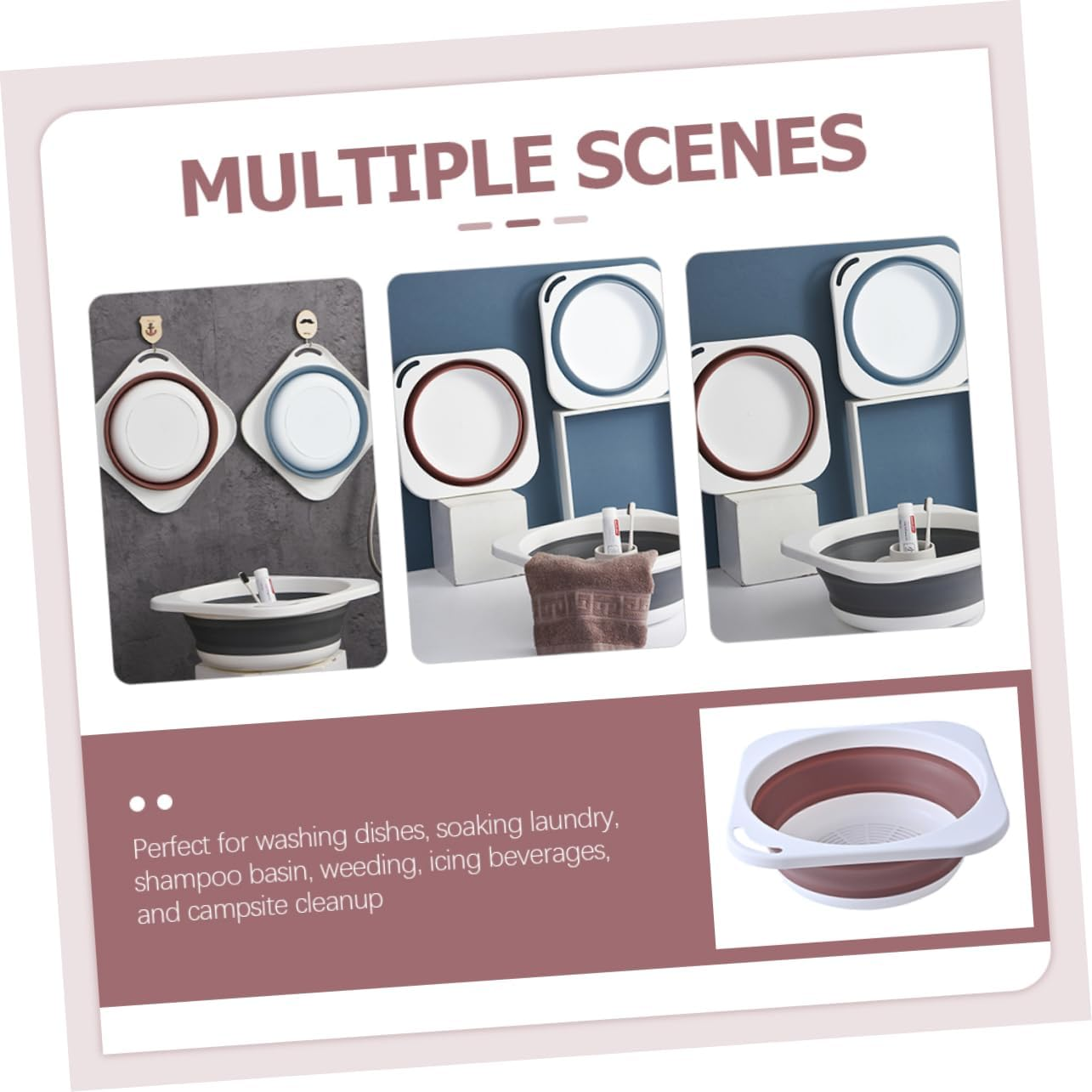 MOTHNUR Multi Use Collapsible Wash Basin Portable Bathroom Kitchen Sink for Face Wash Laundry Lightweight Durable Space Saving Design Medium Pink image number 3