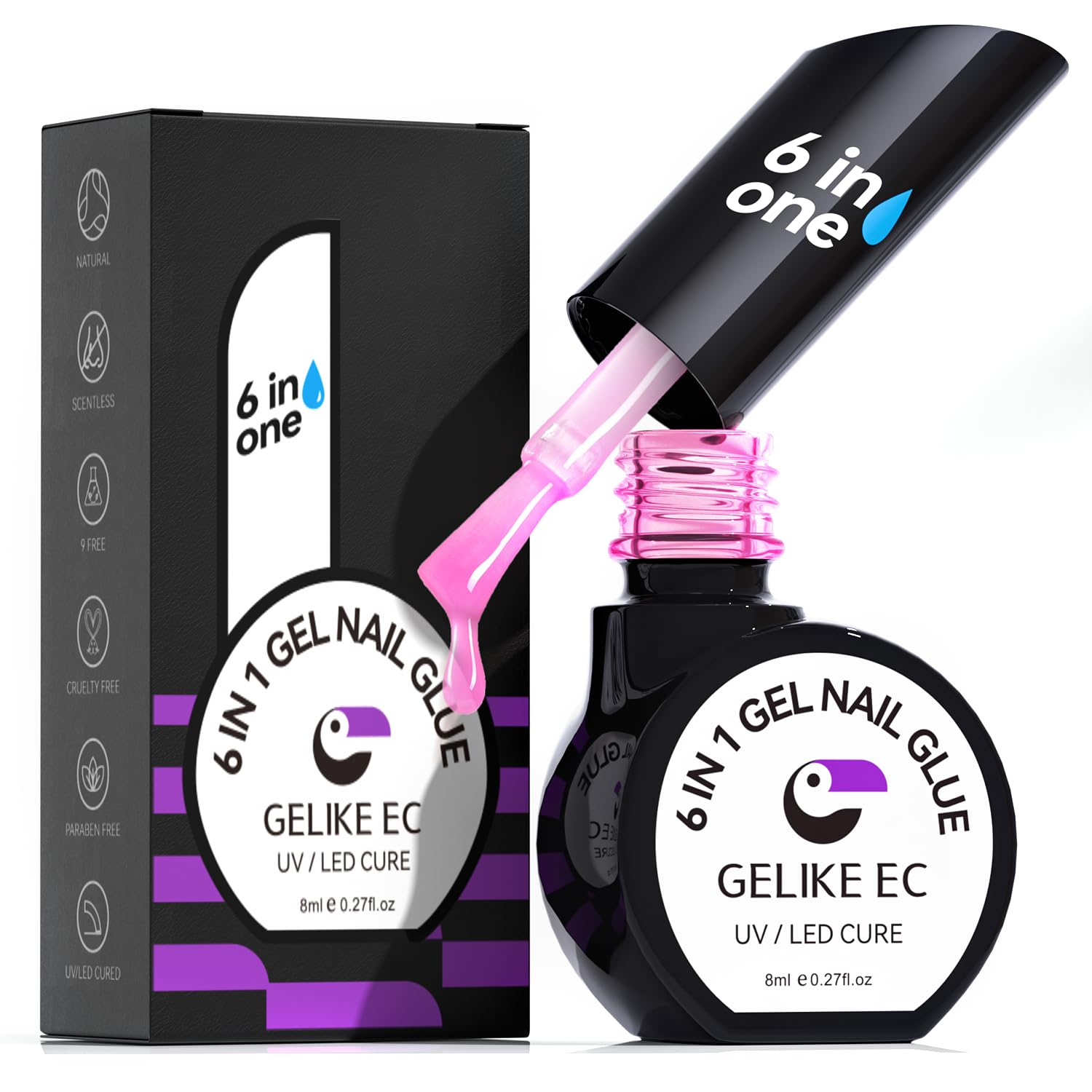 Gelike Ec Gel Nail Glue - 6 in 1 UV Nails Glue Base Coat for Nail Tips, Strong Adhesive for False Nails, Acrylic Tips, Press on Nails