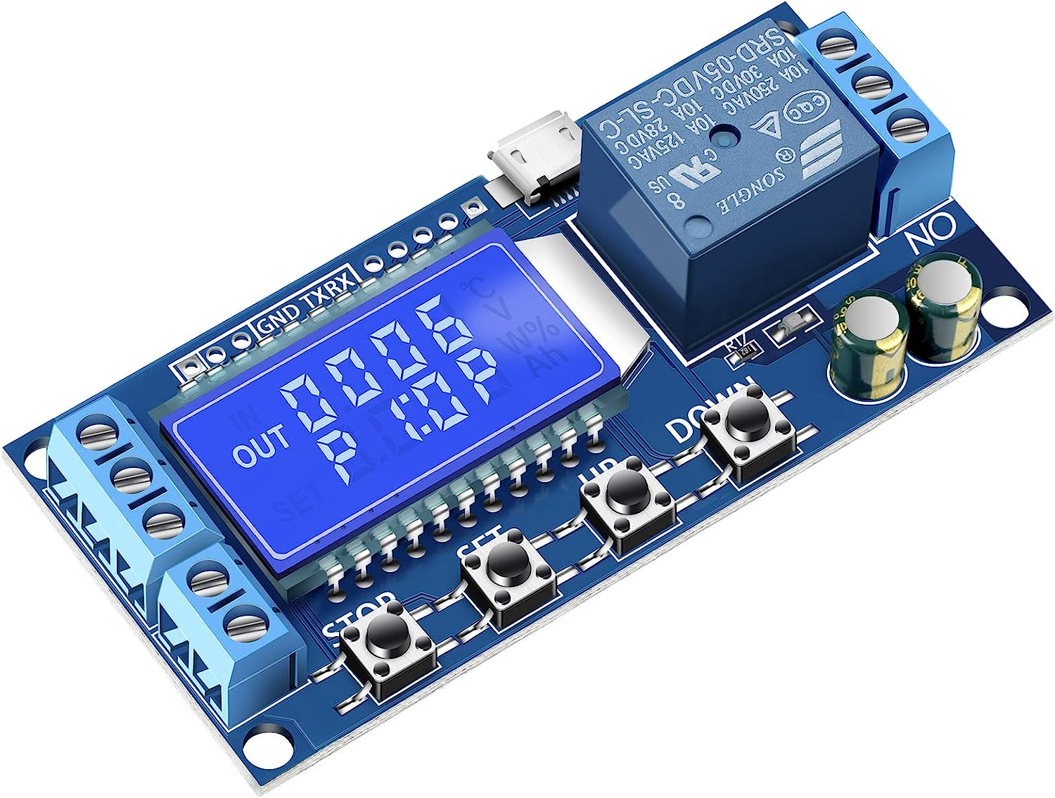 Timer Relay, DROK Time Delay Relay 5V 12V 24V Delay Controller Board Delay-Off Cycle Timer 0.01S-9999Mins Trigger Delay Switching Relay Module with LCD Display Support Micro USB 5V Power Supply