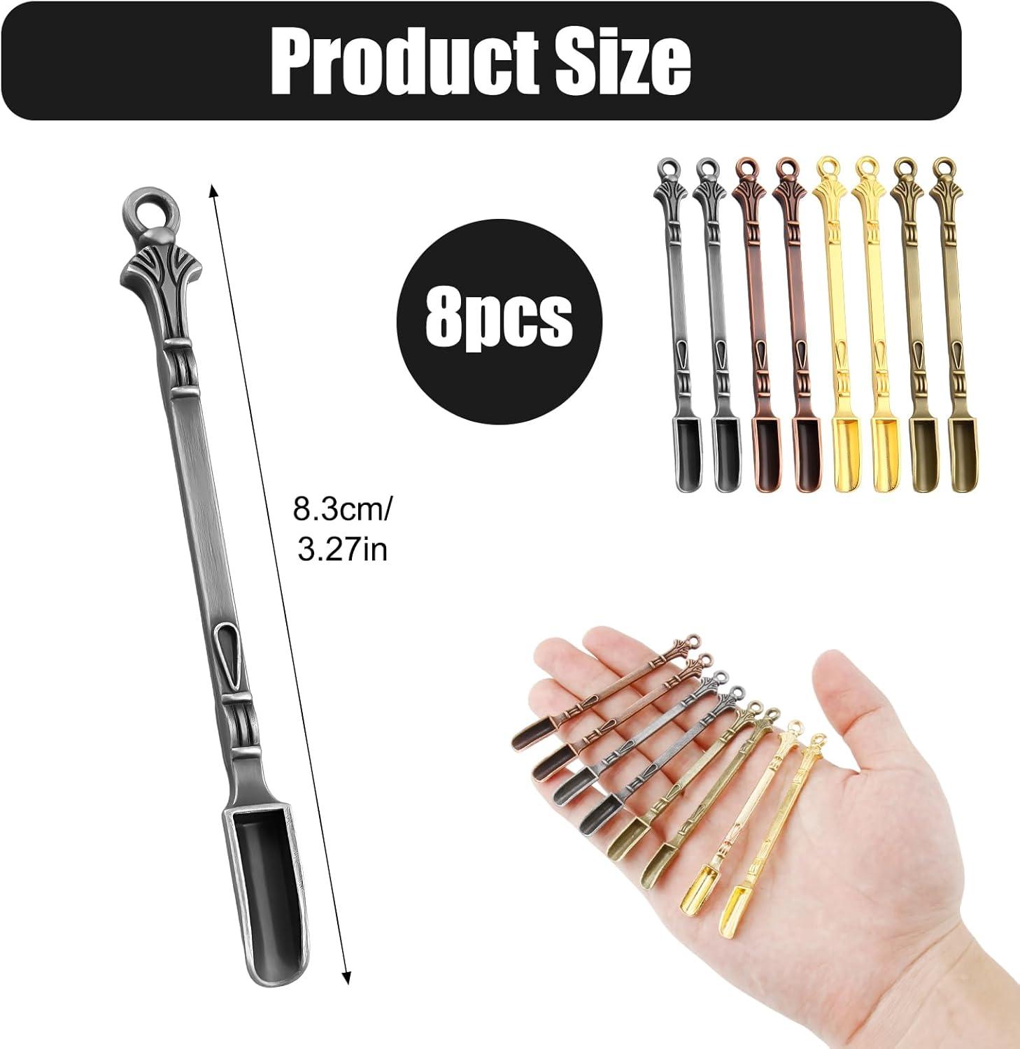 8 Pcs Mini Snuff Spoon, Metal Small Shovel Powder/Medicine Scoop Pendants Necklace Loop for Home Supplies Baking Cooking Coffee Sugar Filling Jars/Salts/Herbs Craft Tools (4 Colors) image number 5