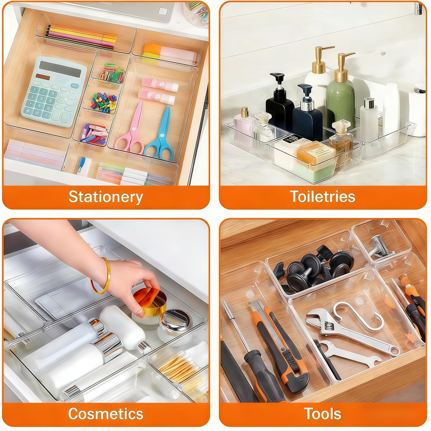 37Pcs Drawer Organisers Set, 4 Sizes Clear Plastic Drawer Organizer & Vanity Organiser for Makeup & Jewelry Storage, Kitchen Utensils & Gadgets, Desk Supplies, Bathroom & Bedroom Organisation