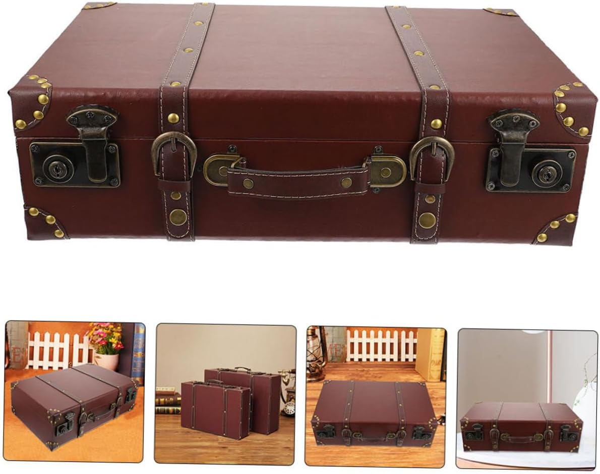 Iplusmile Vintage Style Suitcase Multi-Functional Decorative Storage Box Small Brown Wooden Portable Packing Case for Home Decor and Photo Props